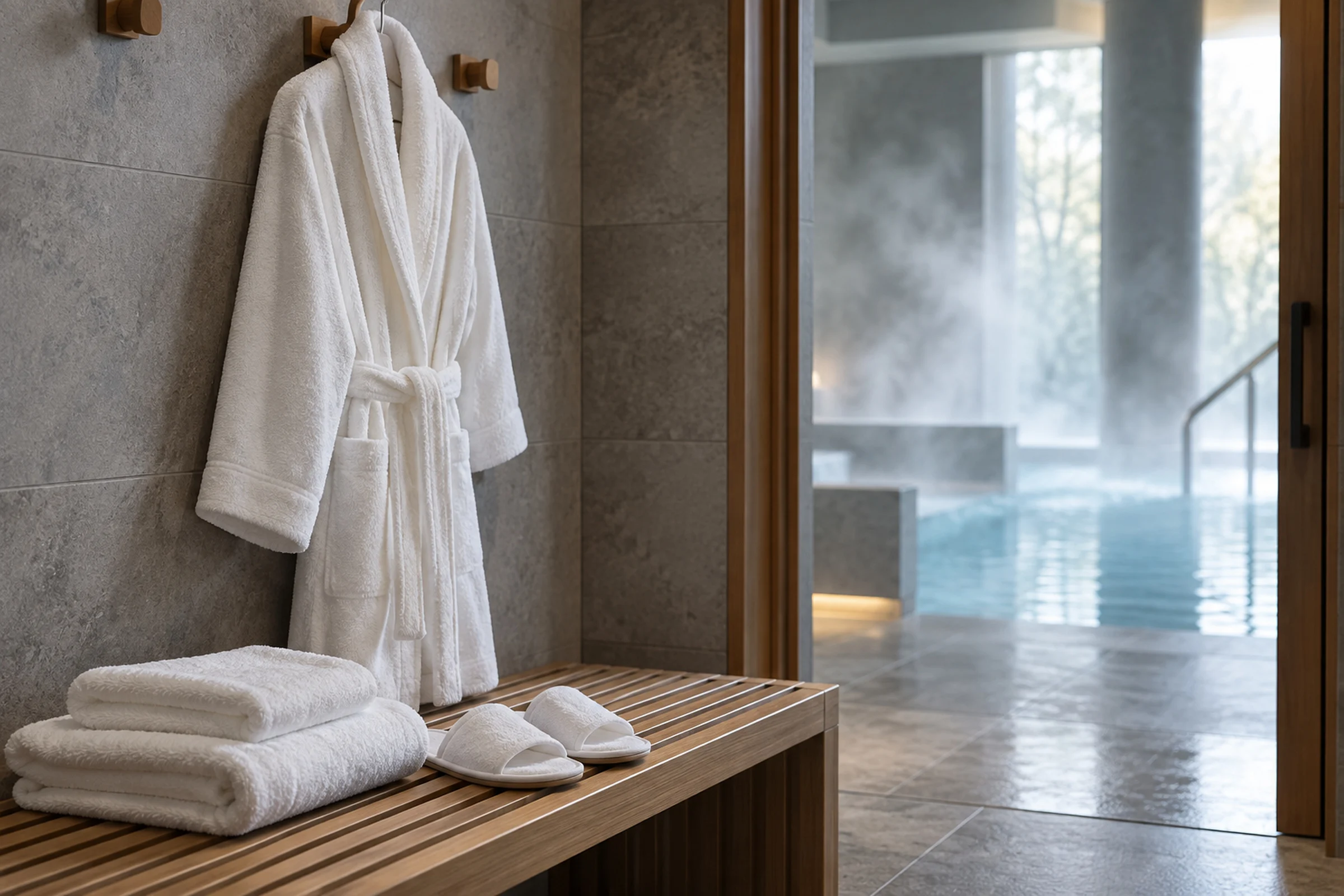 A white towelling robe hanging on a wooden hook in a spa changing room above folded towels and slippers on a slatted bench, with a steaming pool beyond.