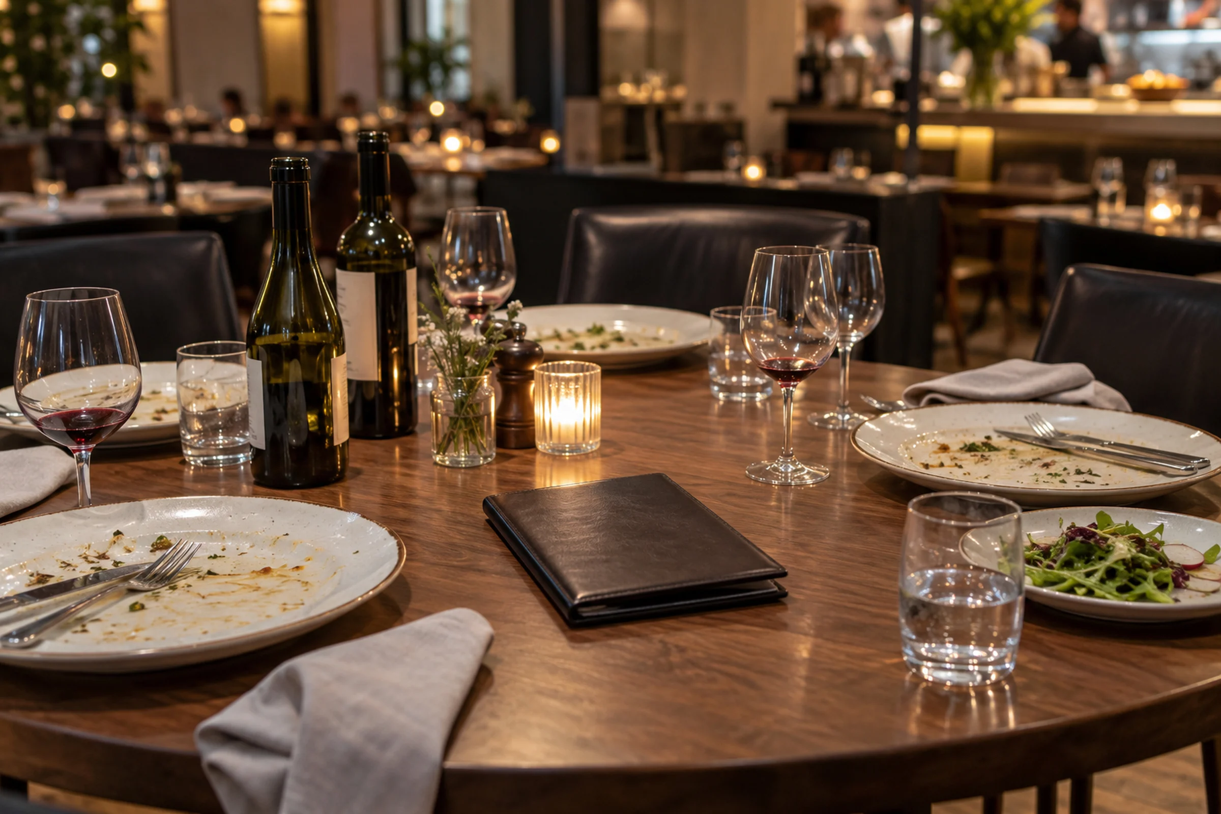 The end of a dinner: empty plates, wine bottles and glasses, one small salad and a glass of water, and a closed bill folder in the middle of the table.