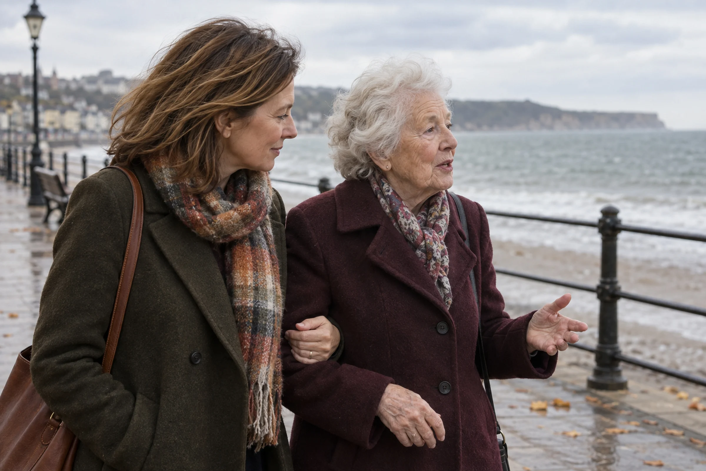 A woman walking arm in arm with her elderly mother along a seafront promenade on an overcast autumn day, listening as her mother talks.