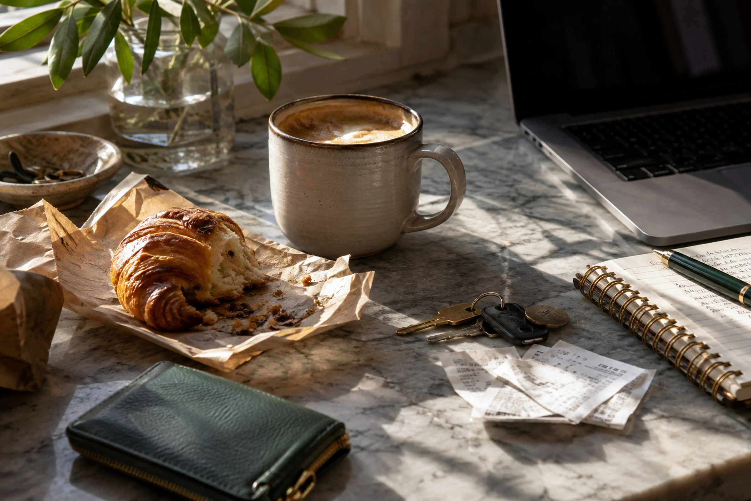 A half-eaten croissant on its paper bag beside a cup of coffee, keys, receipts, a purse and a notebook on a marble desk near a laptop.