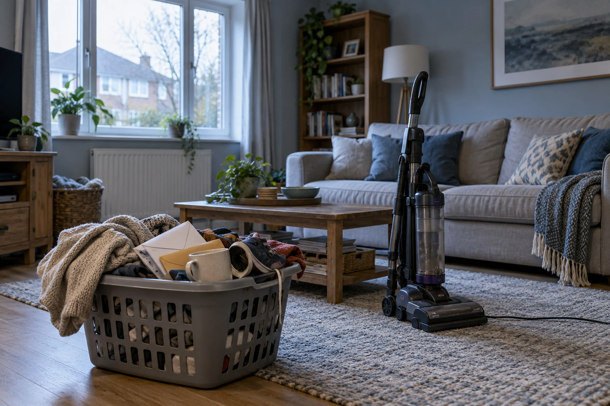 A living room with a laundry basket full of hastily gathered things, a jumper, envelopes, a mug and a trainer, and a vacuum cleaner standing on the rug.
