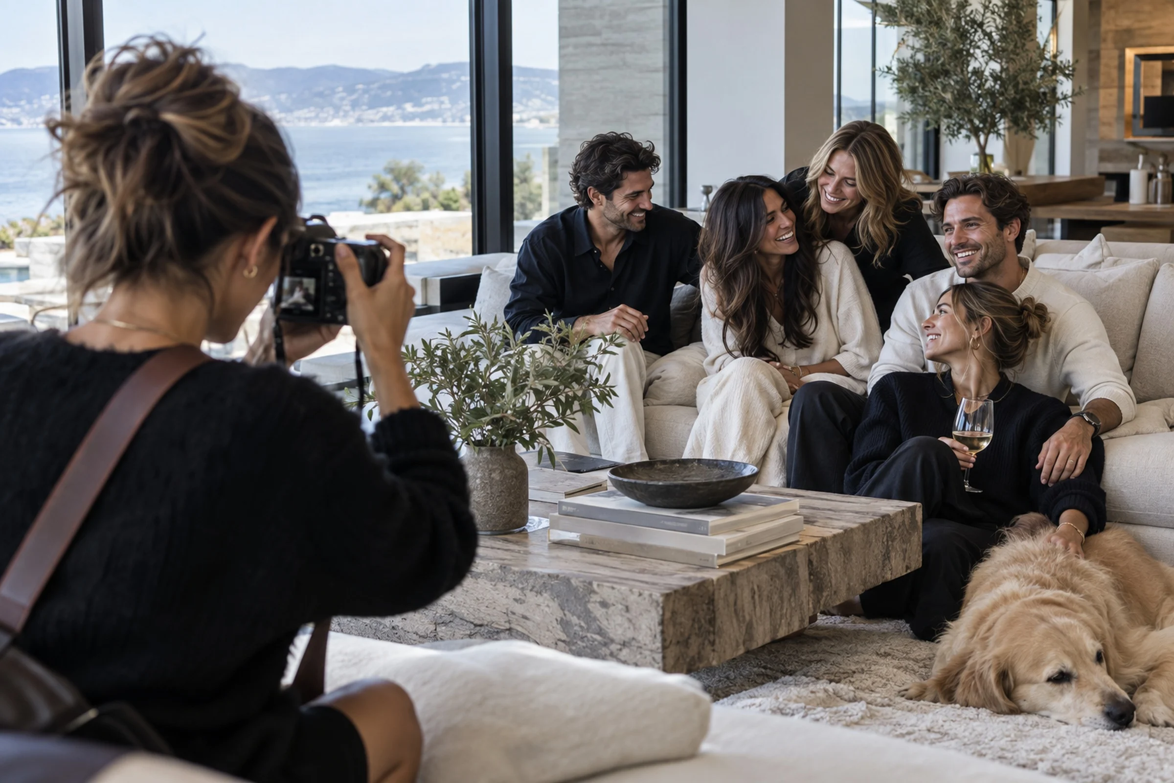 A woman photographing her friends gathered on a sofa.