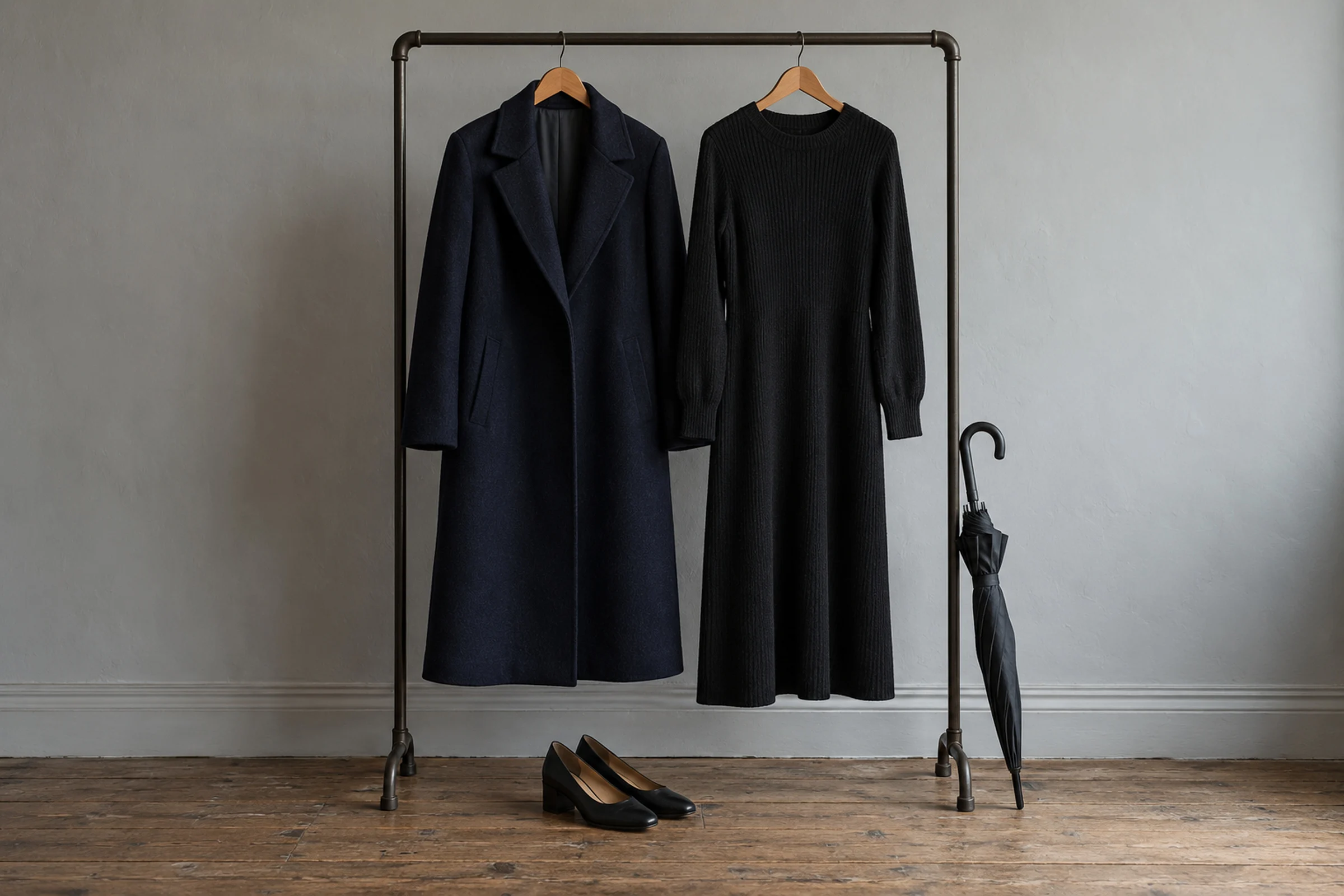 A navy wool coat and a plain black knitted dress on a clothes rail, with black low-heeled shoes below and a folded umbrella leaning beside it.