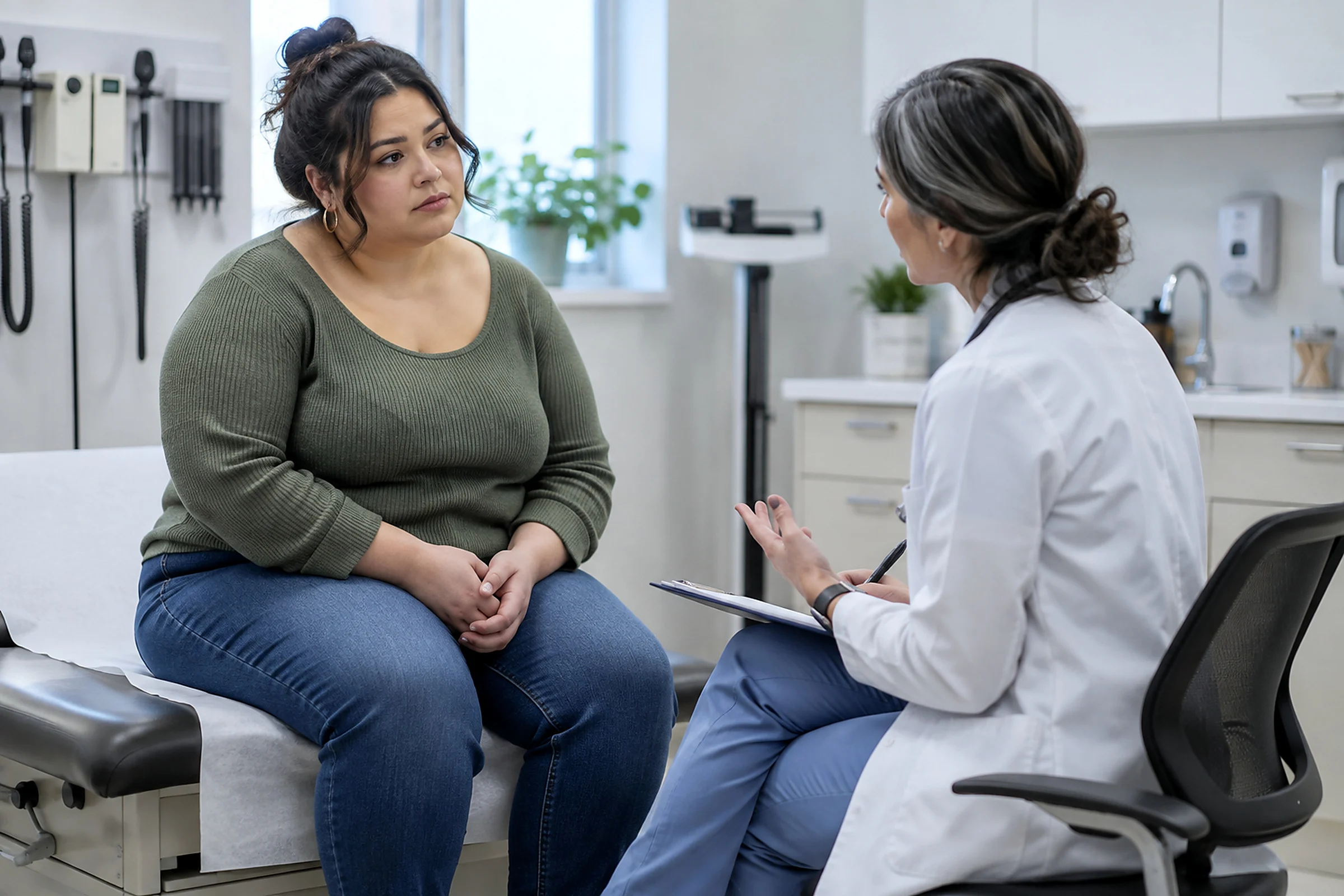 A woman in a green jumper sits on an examination couch as a doctor talks with her.
