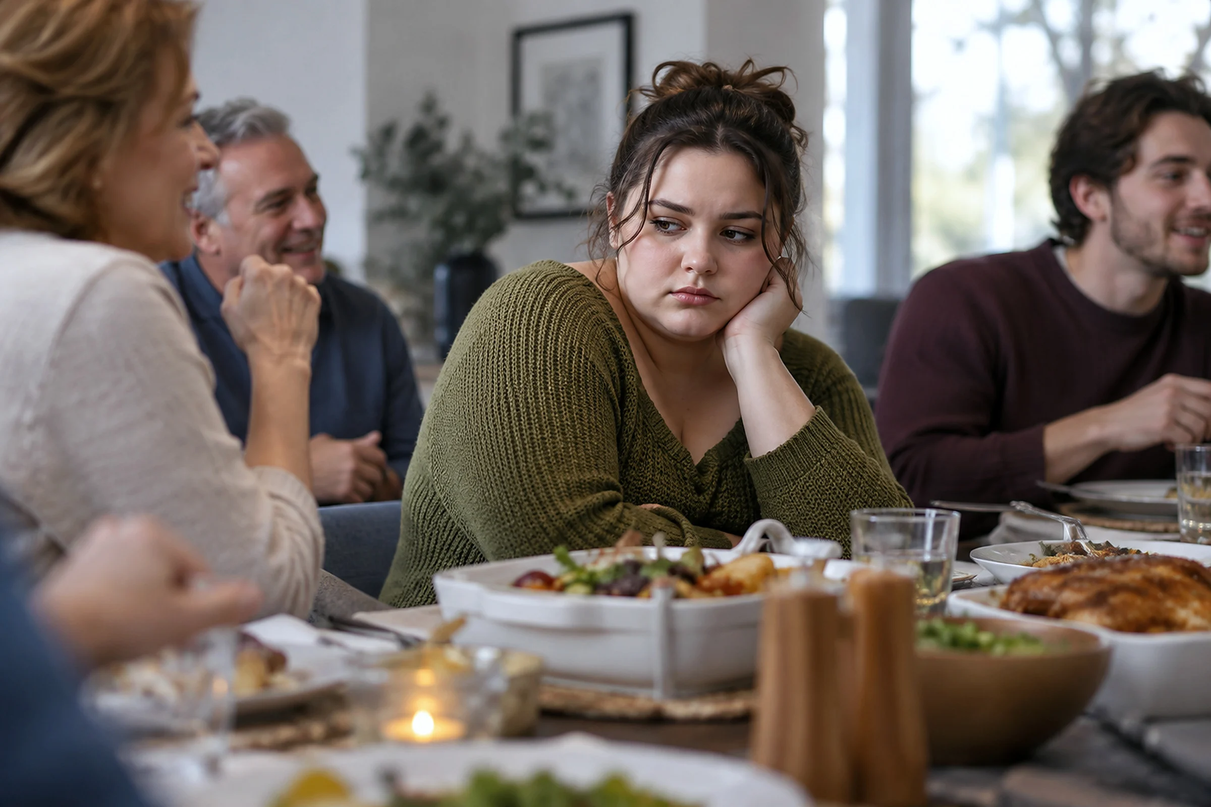A young woman rests her chin on her hand at a busy family dinner, looking away as others laugh.
