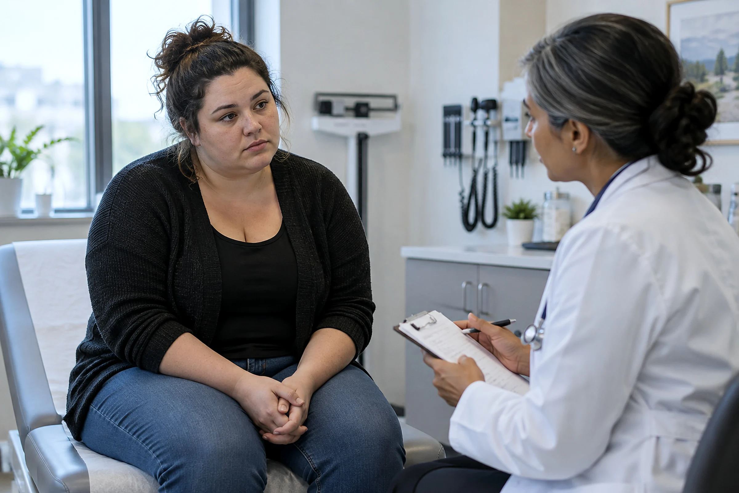 A woman in a black cardigan listens as a doctor makes notes in a consulting room.