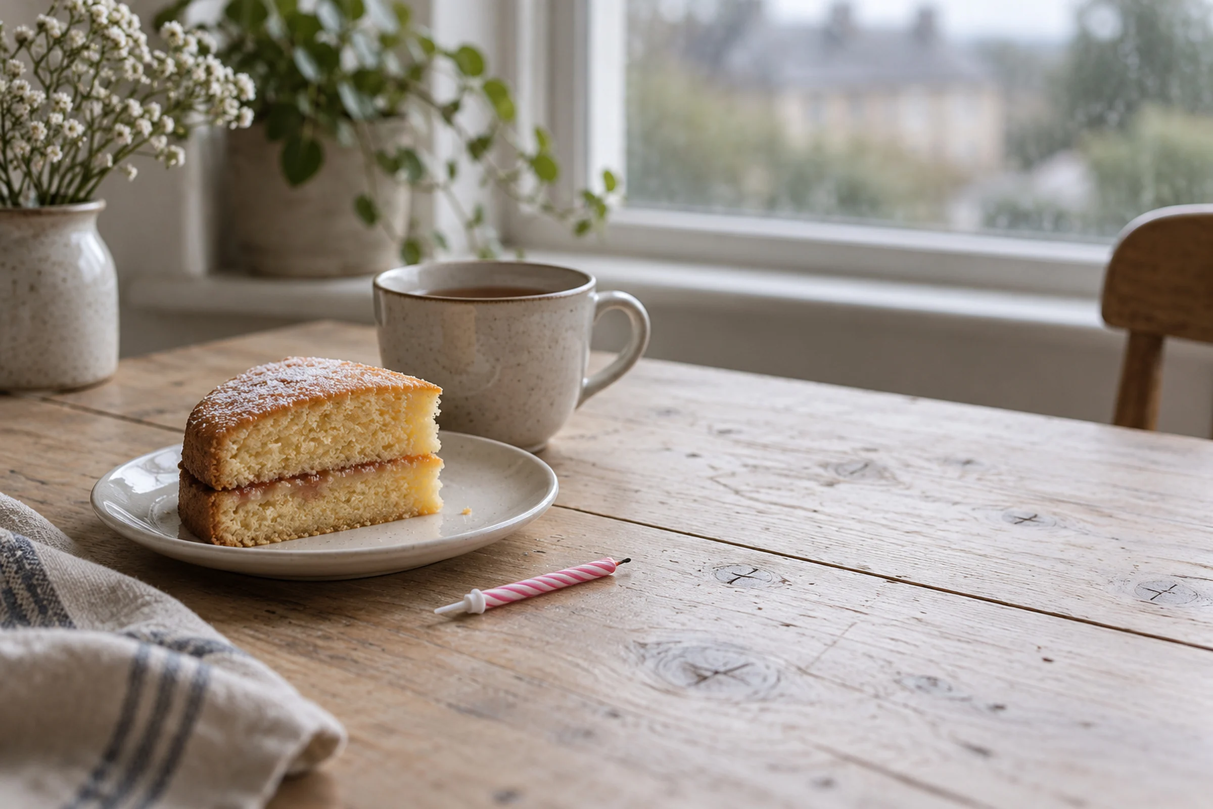 A slice of jam-filled sponge cake on a small plate beside a cup of tea, with one unlit birthday candle lying on the table.