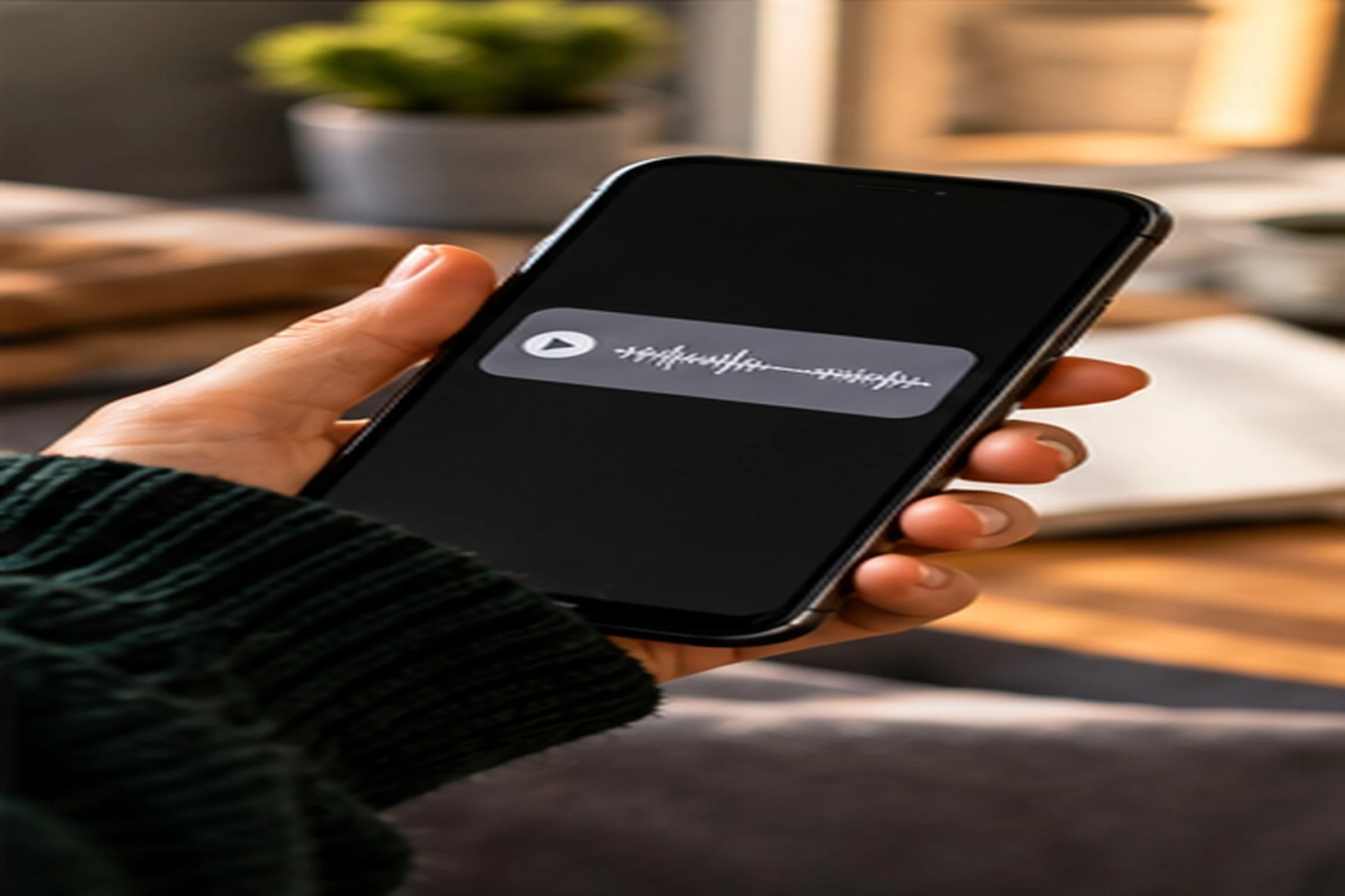 A hand holding a smartphone showing a single voice message with a play button and a sound wave, over a blurred table with a plant and books.