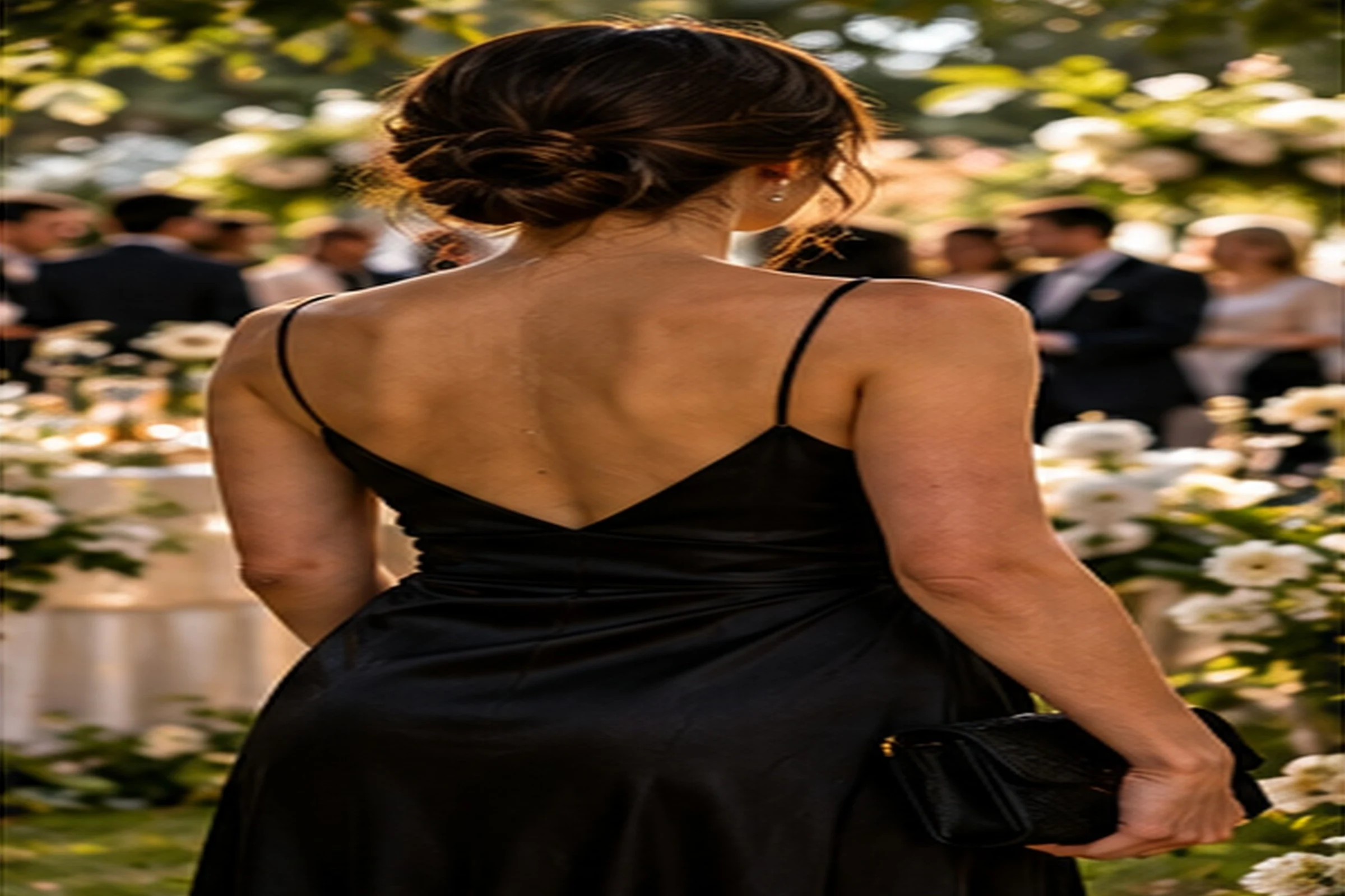 A woman in a black satin slip dress, seen from behind with her hair in a low bun and a black clutch in her hand, at an outdoor wedding among white flowers and guests.
