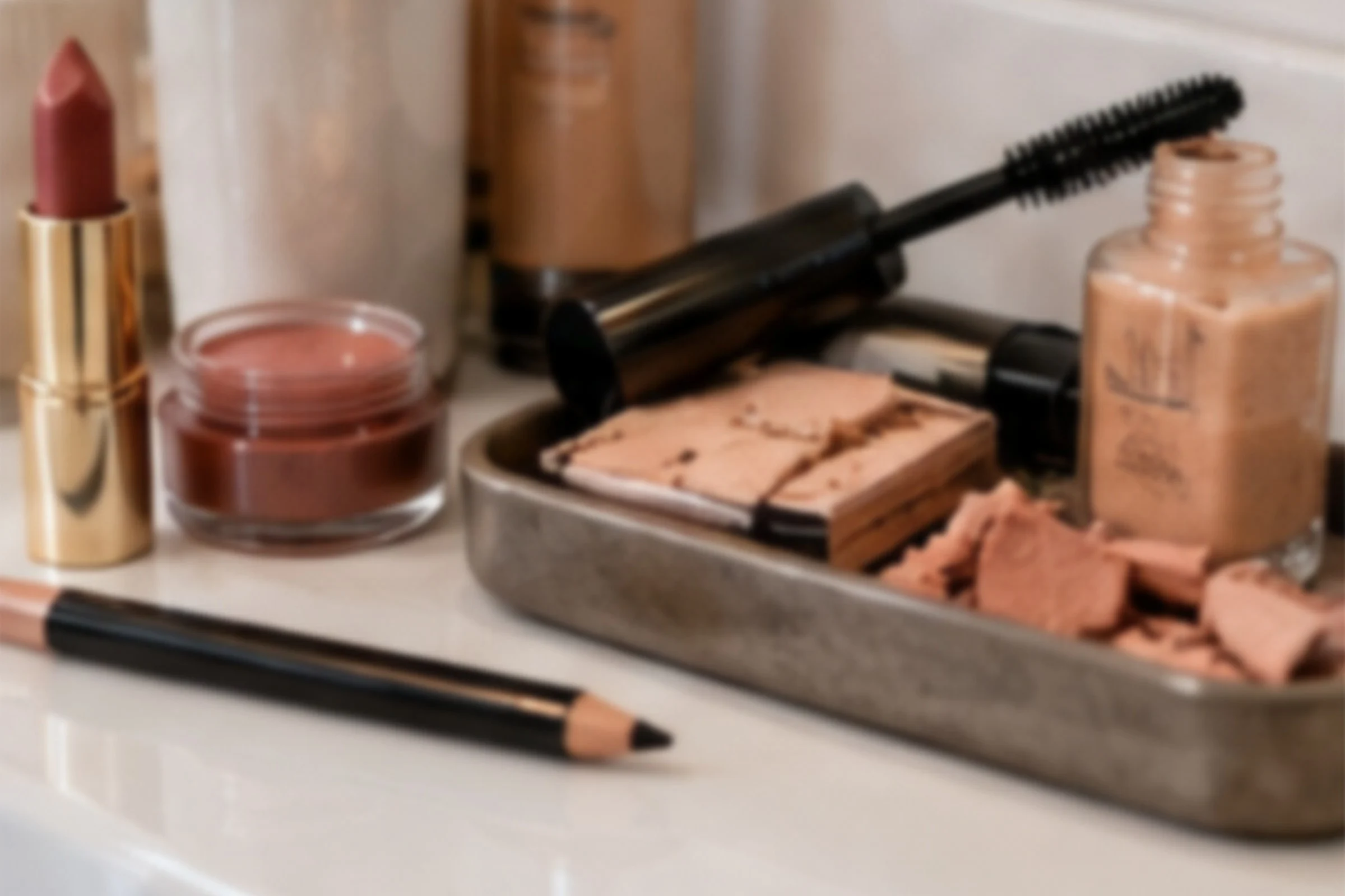 A lipstick, a pot of rose cream and a pencil on a white bathroom counter beside a tray holding a cracked powder compact, a mascara wand and an open bottle of foundation.