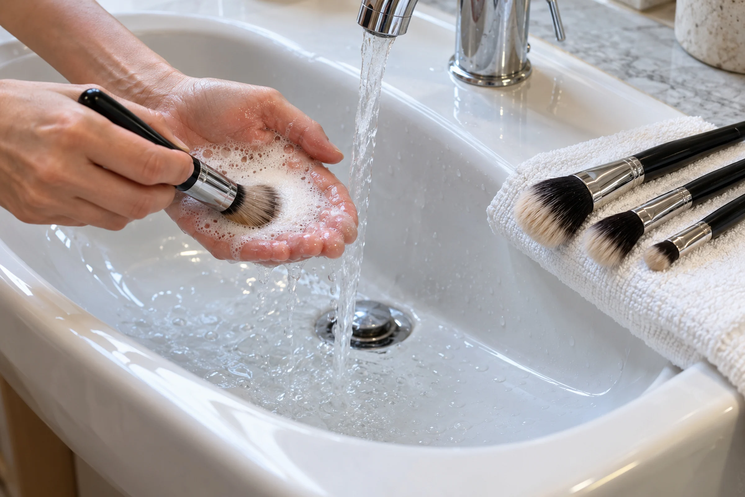 Hands working a makeup brush into soapy lather in one palm under a running tap at a white basin, with three clean brushes resting on a folded white towel beside it.
