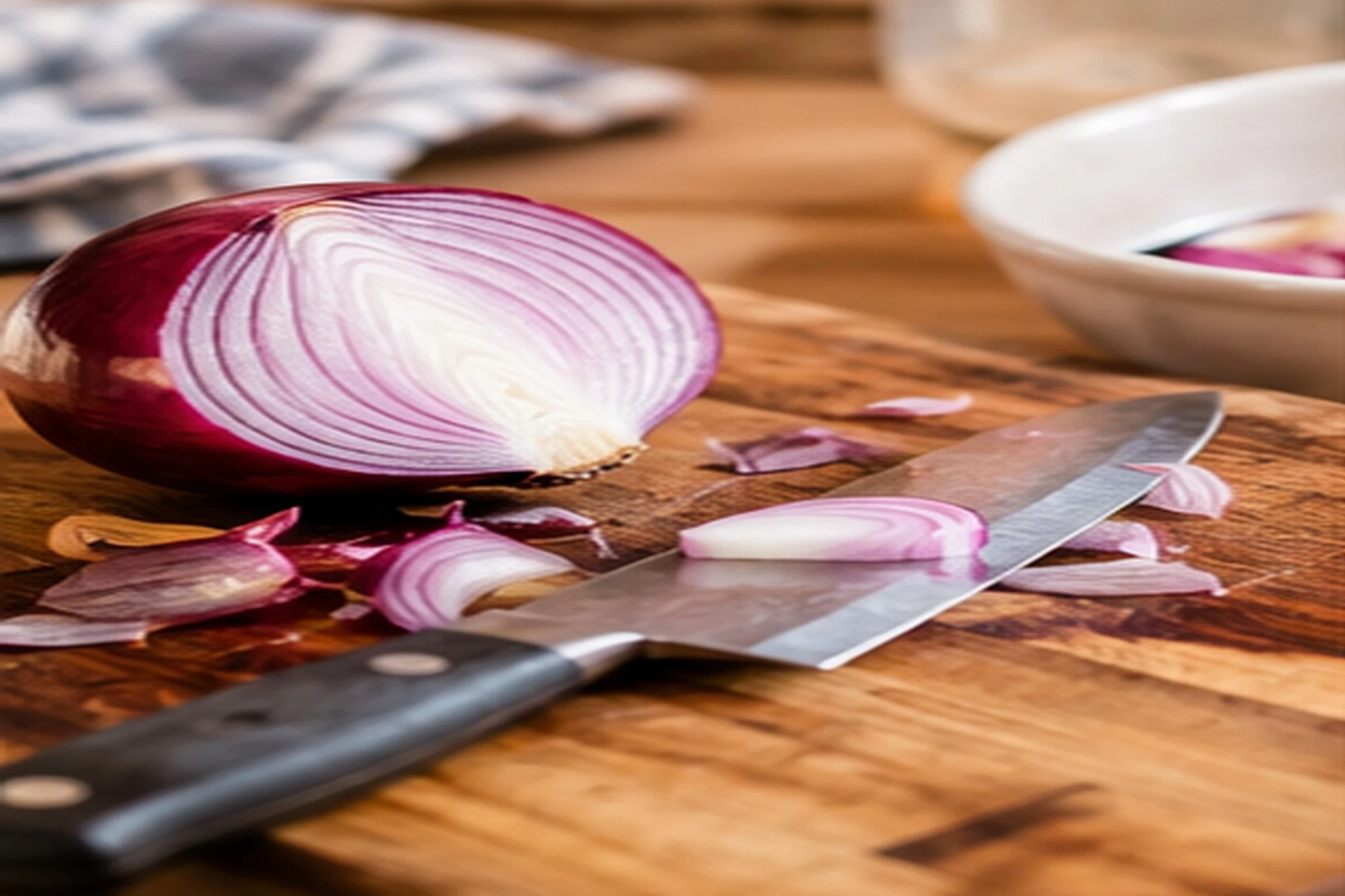A halved red onion on a wooden chopping board beside a chef's knife and a few sliced pieces, with a checked cloth and a white bowl blurred behind.