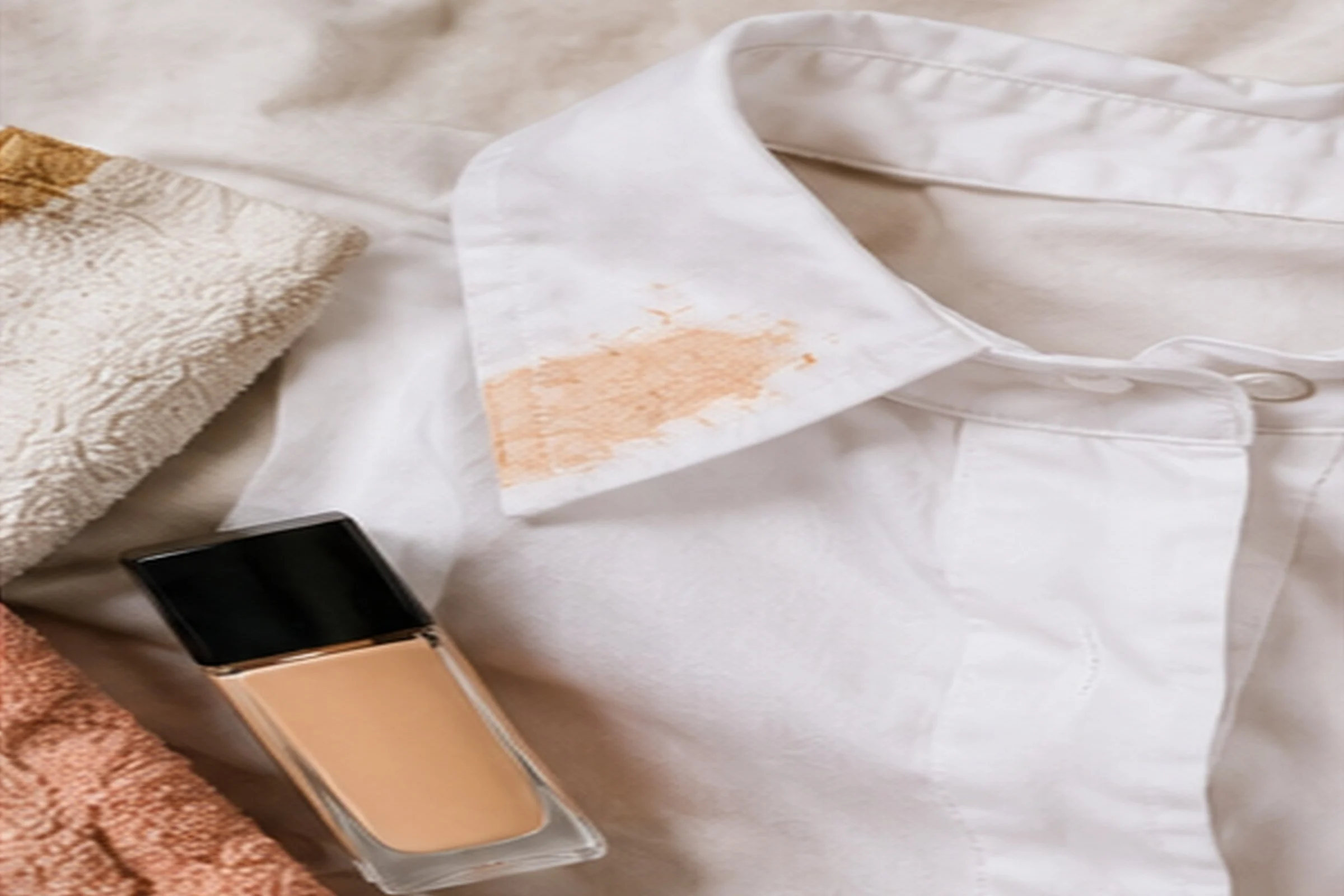 A white shirt with a smear of foundation on its collar, laid out beside a bottle of liquid foundation and two folded towels.