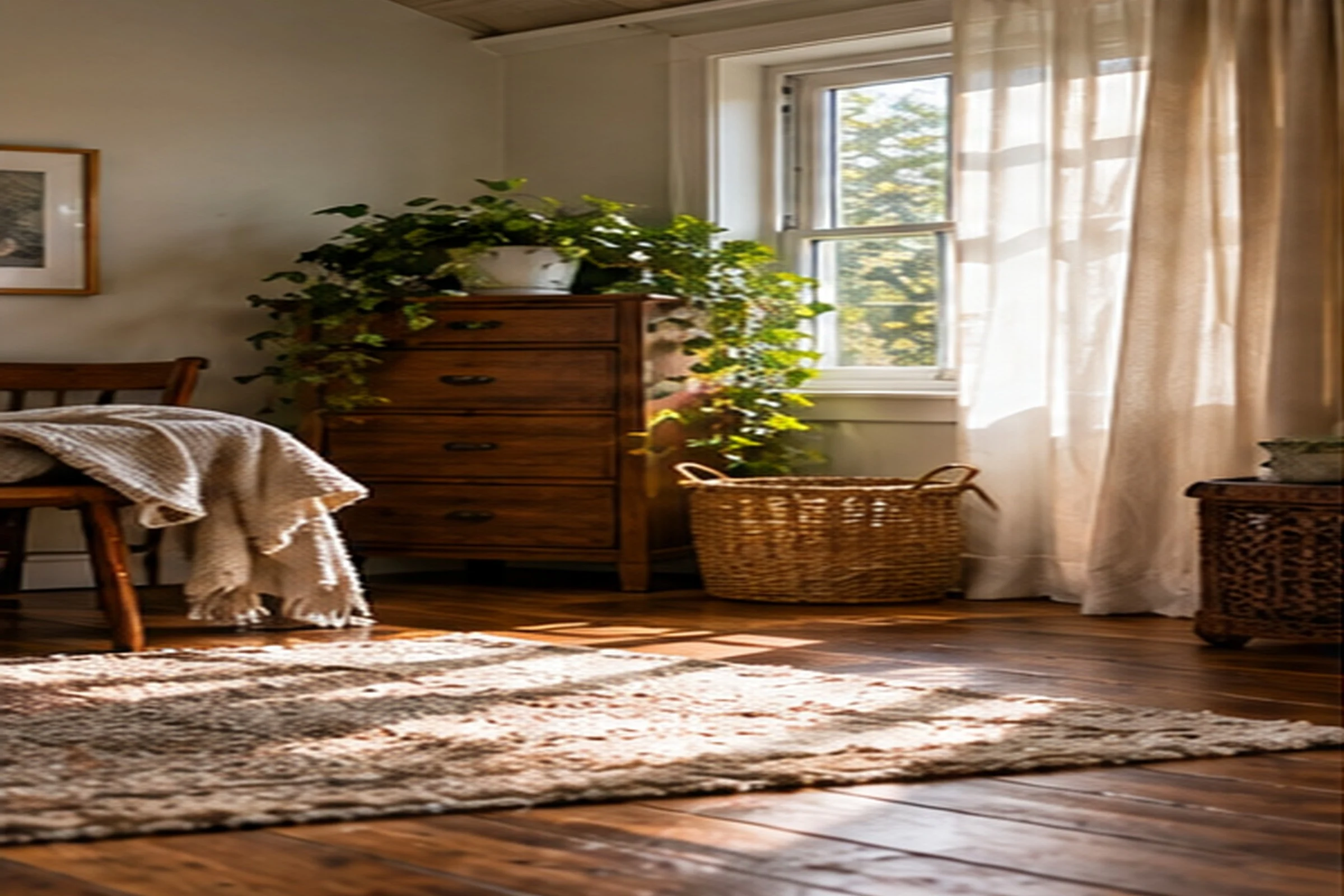 A sunlit bedroom corner with a wooden chest of drawers topped by a trailing plant, a woven basket, sheer curtains at an open window and a rug on wooden floorboards.