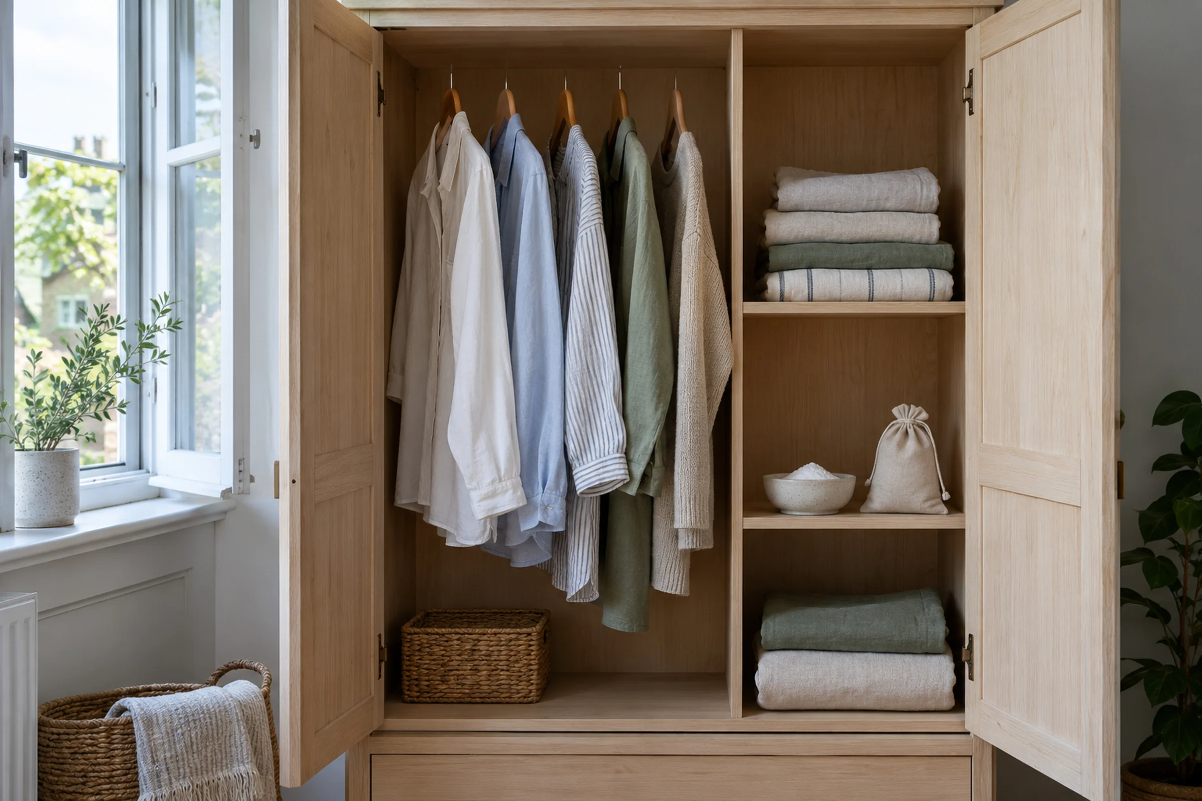An open pale-wood wardrobe beside an open window, with shirts spaced on wooden hangers, folded linen, and a bowl of white powder and a cotton sachet on a shelf.