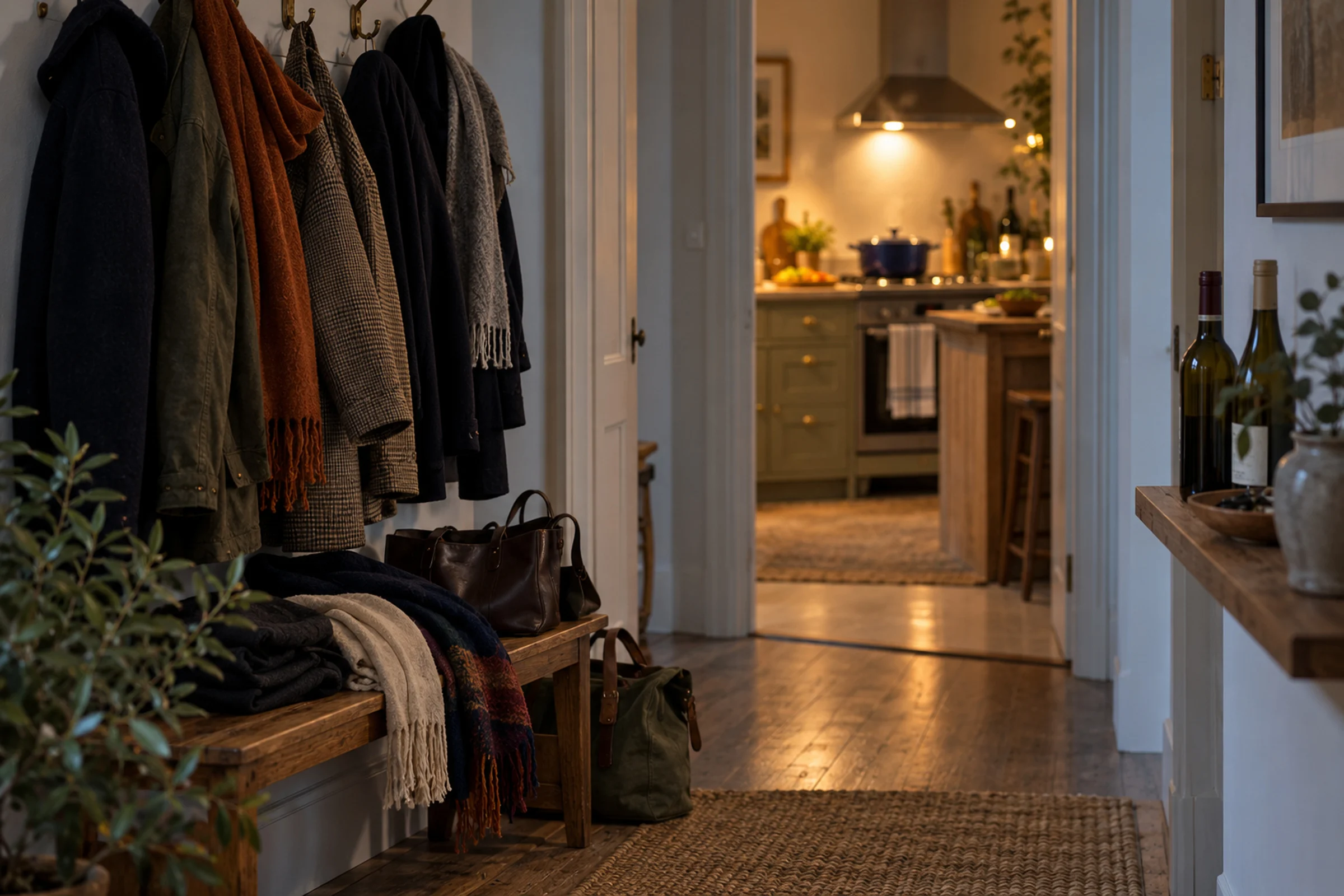 Coats and scarves crowded on hooks and a bench in a hallway, two bottles of wine on a shelf, and a warmly lit kitchen through the doorway.