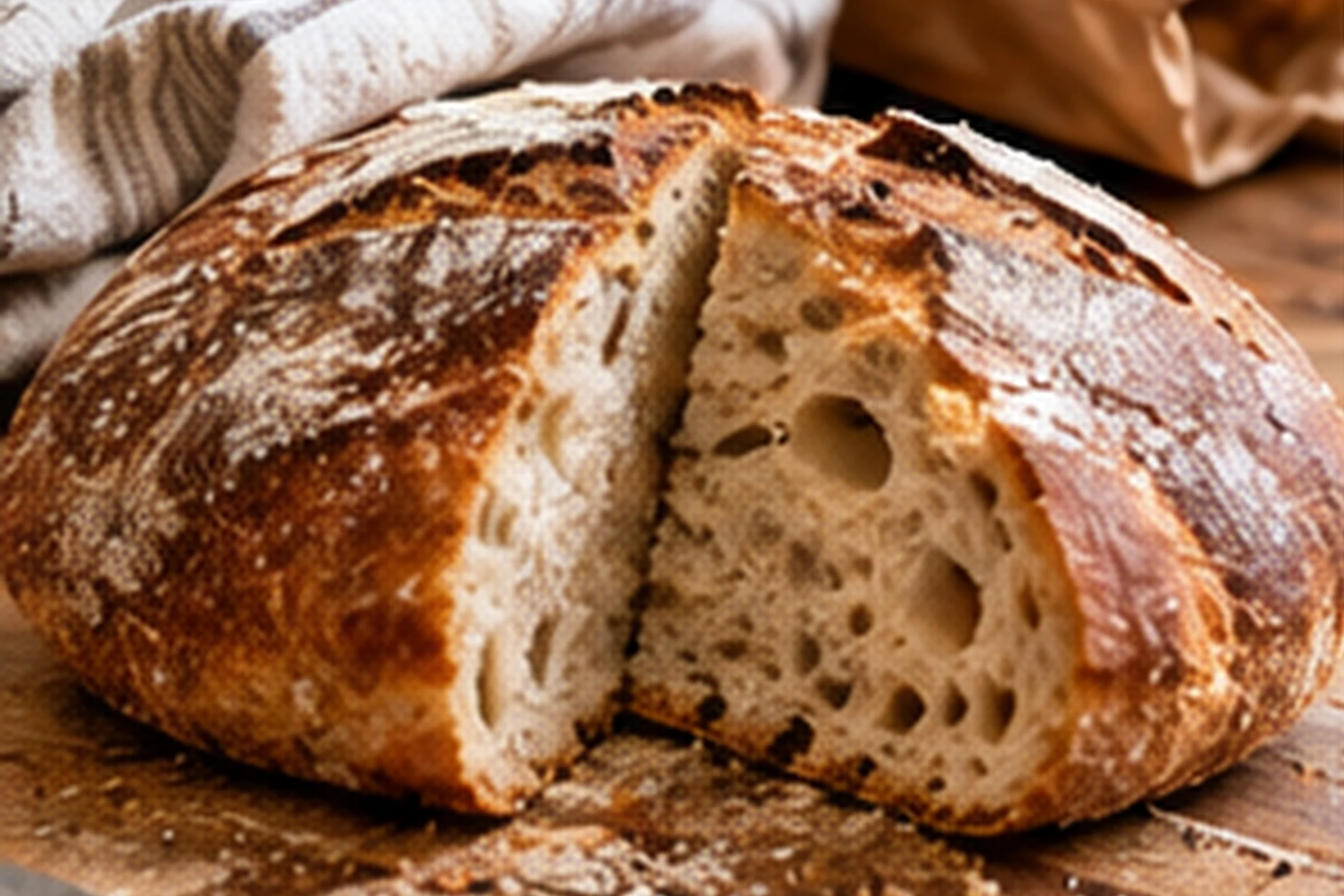 A crusty round sourdough loaf broken open in the middle to show its open crumb, on a wooden board beside a linen cloth and a brown paper bag.