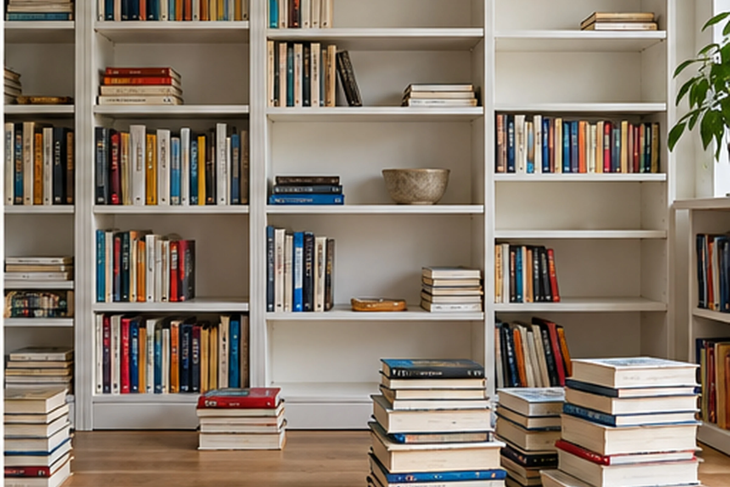White built-in bookshelves halfway through being reorganised, with gaps on the shelves and stacks of books on the wooden floor in front.