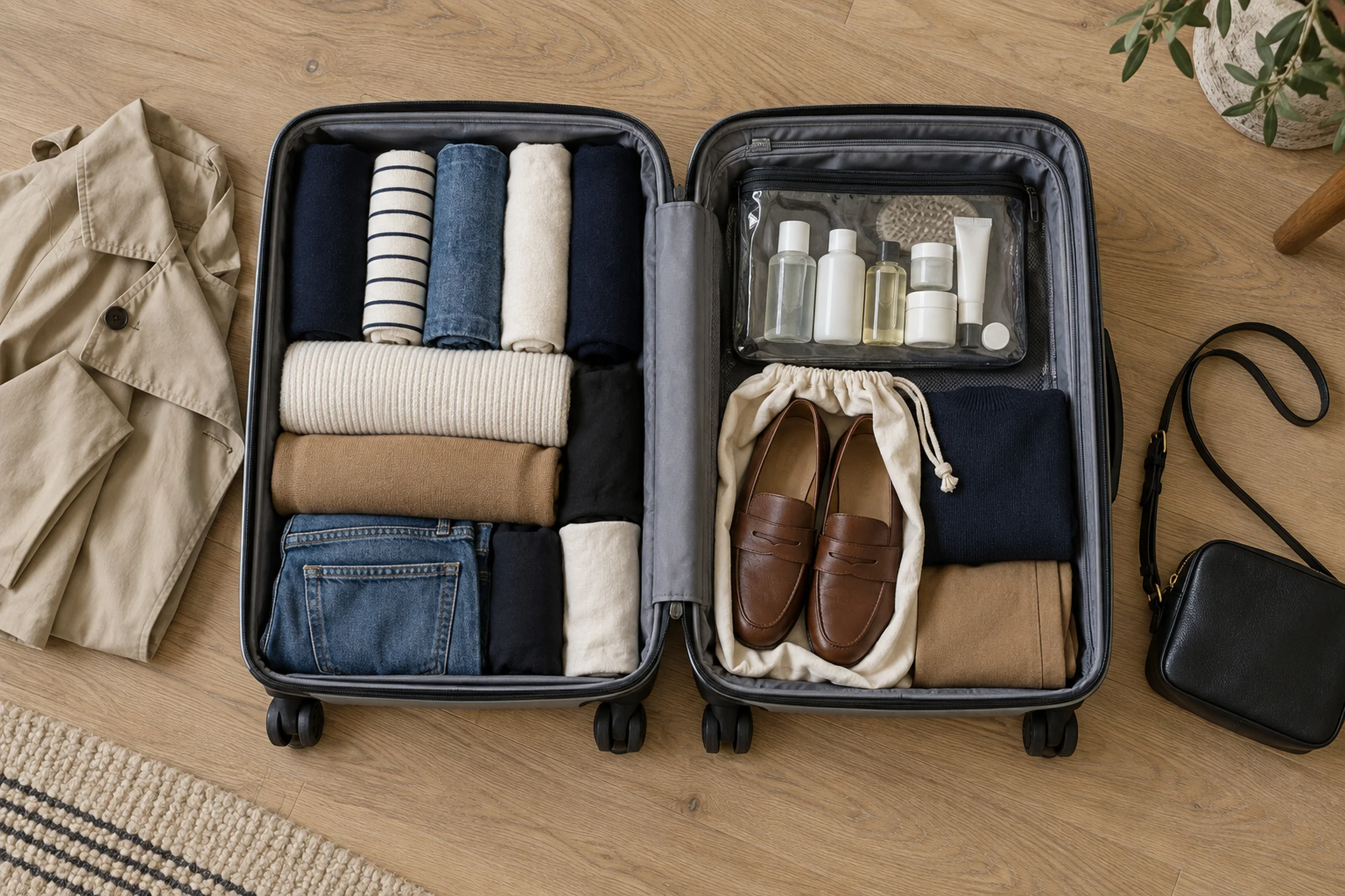 An open cabin suitcase on a wooden floor, packed with rolled clothes in navy, cream and camel, a toiletry pouch and loafers, with a trench coat and a small bag beside it.