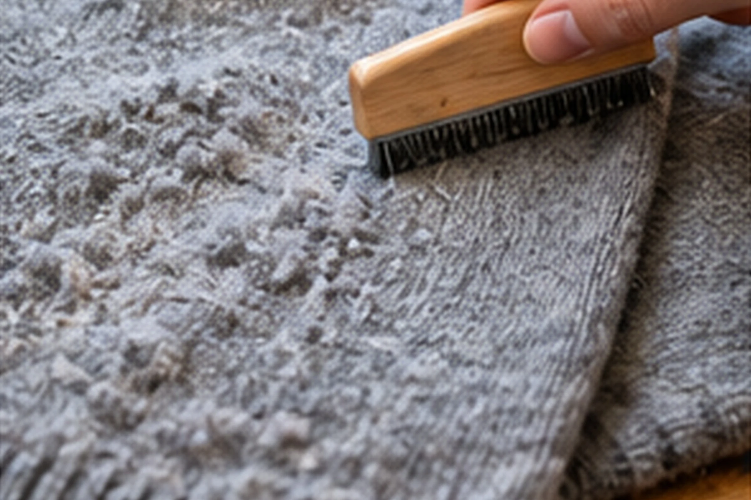 A wooden-handled fabric brush lifting pills from a grey knit, leaving the fabric behind it smooth while the rest is still covered in bobbles.