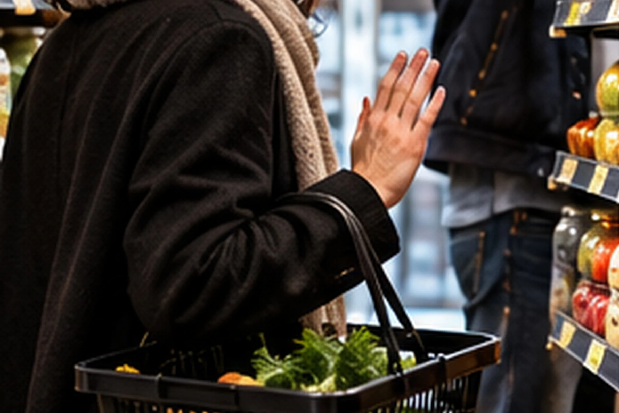 A woman in a dark coat and scarf, carrying a shopping basket of vegetables, raises a hand in apology as she passes a man by the shelves of a grocery shop.
