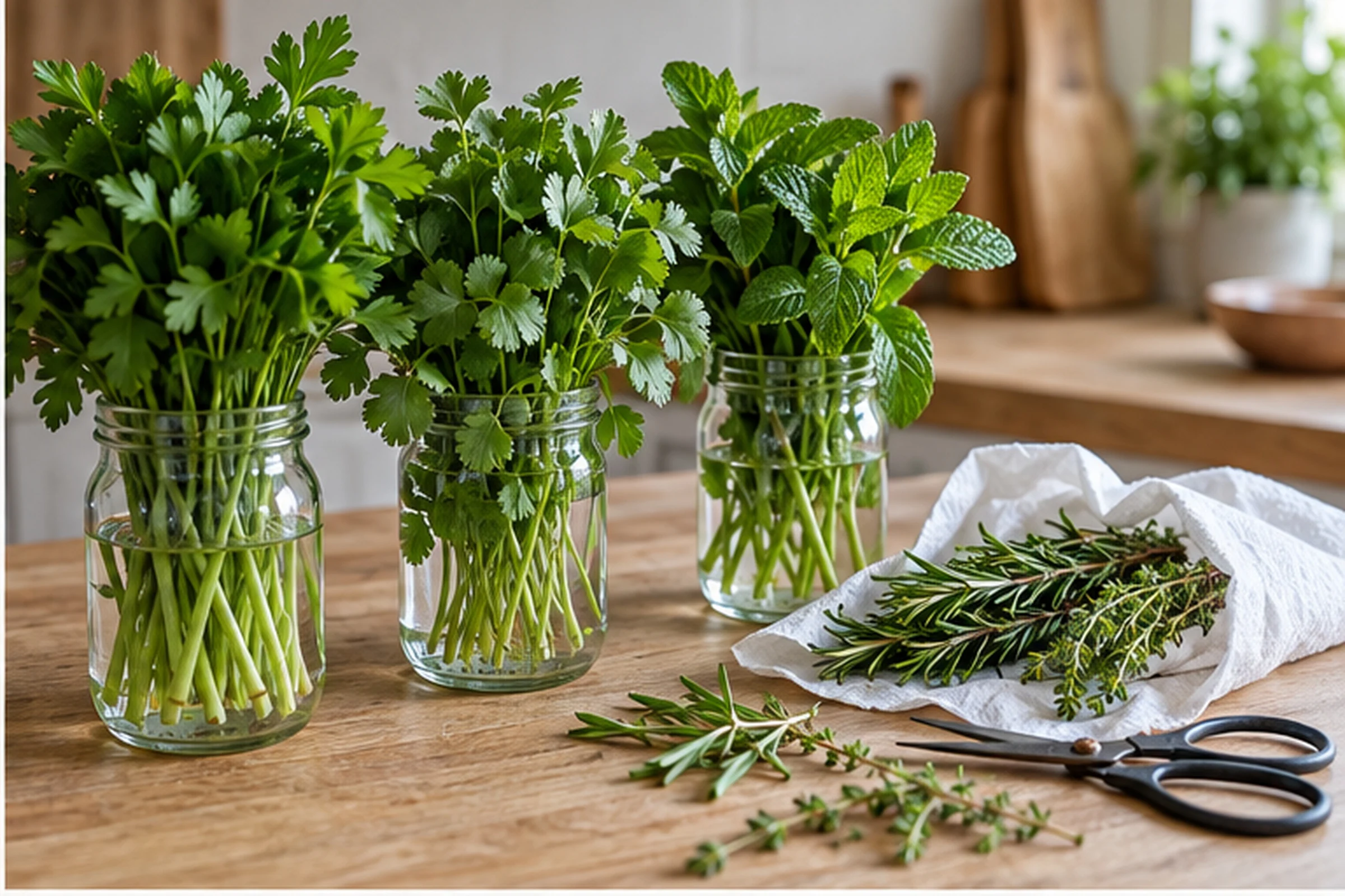 Parsley, coriander and mint standing in jars of water on a wooden counter, beside rosemary and thyme wrapped in damp paper towel and a pair of kitchen scissors.