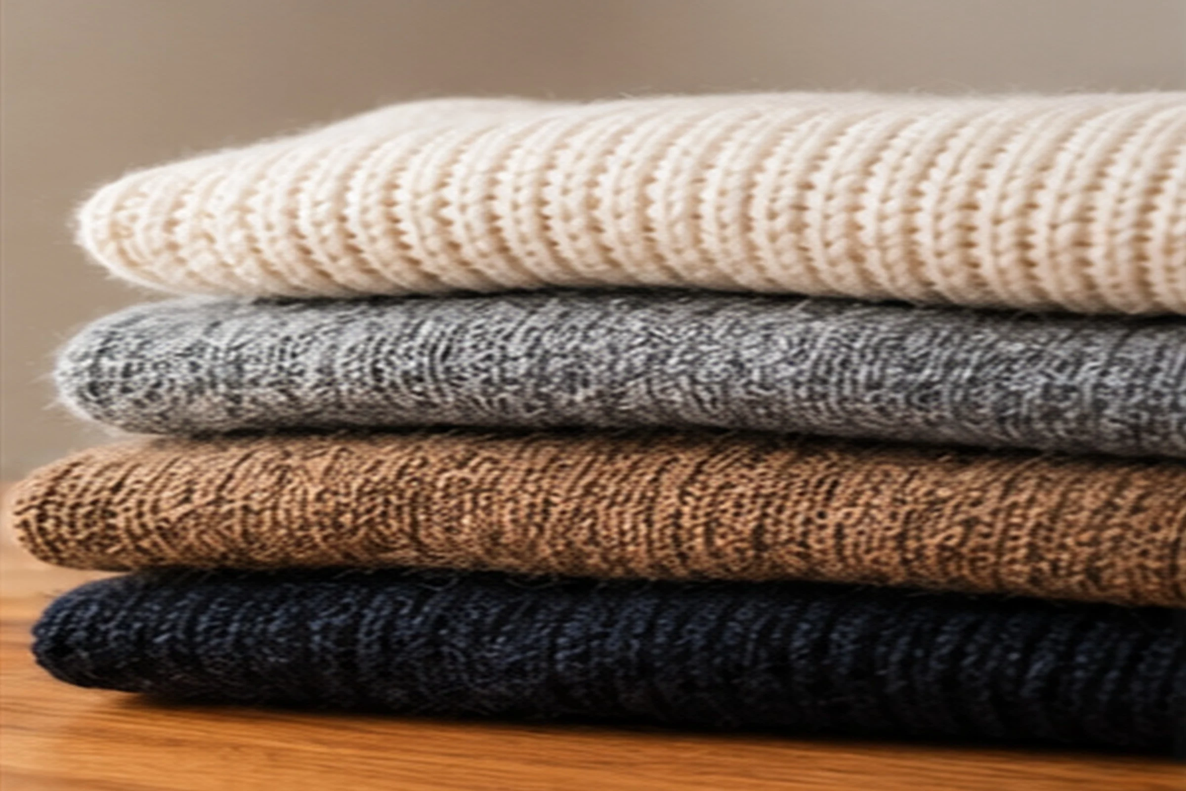 Four folded sweaters stacked on a wooden table, in cream rib, grey marl, camel and navy knits.