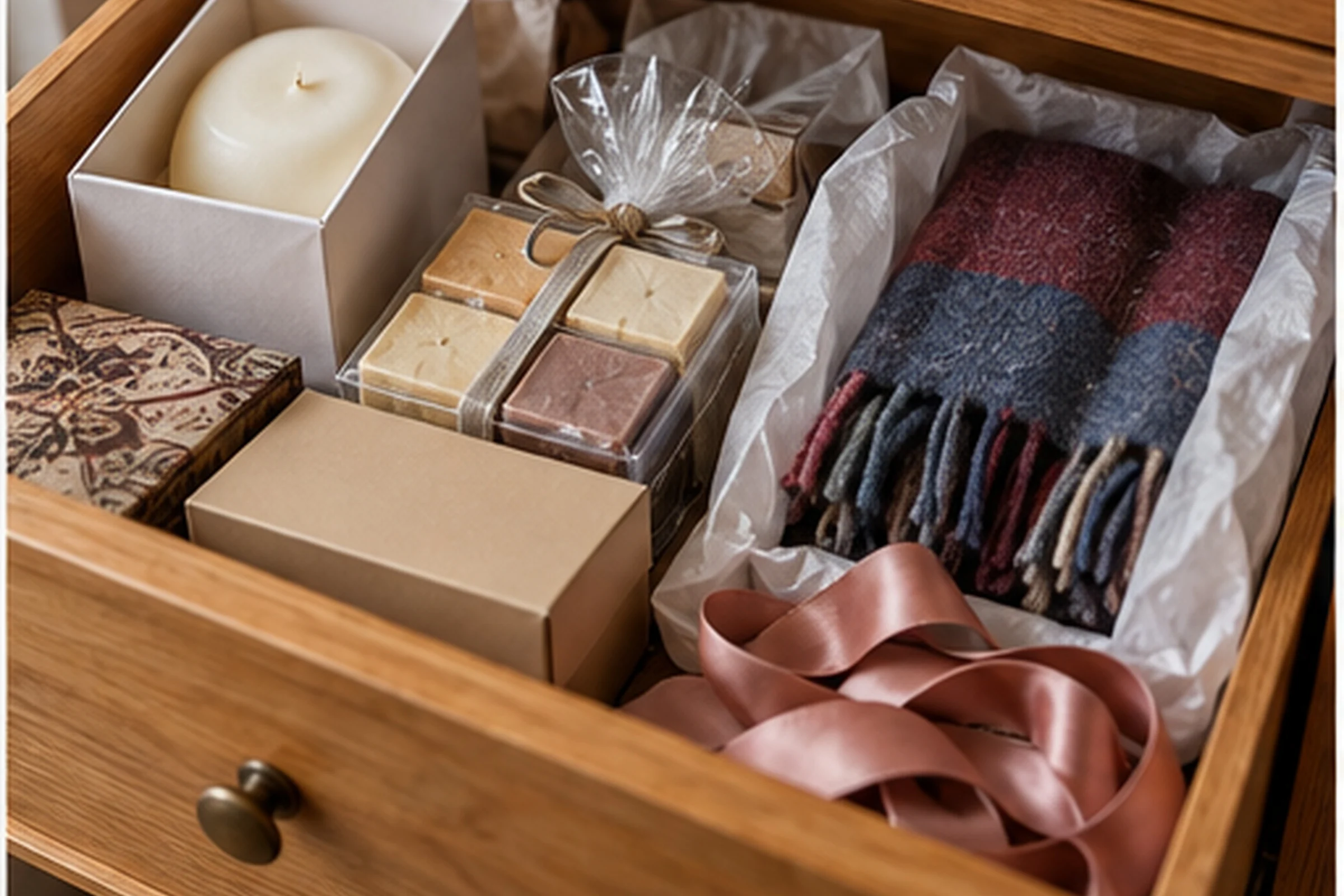 An open wooden drawer full of unopened gifts: a boxed candle, a wrapped soap set, a scarf in tissue paper and a tangle of pink satin ribbon.