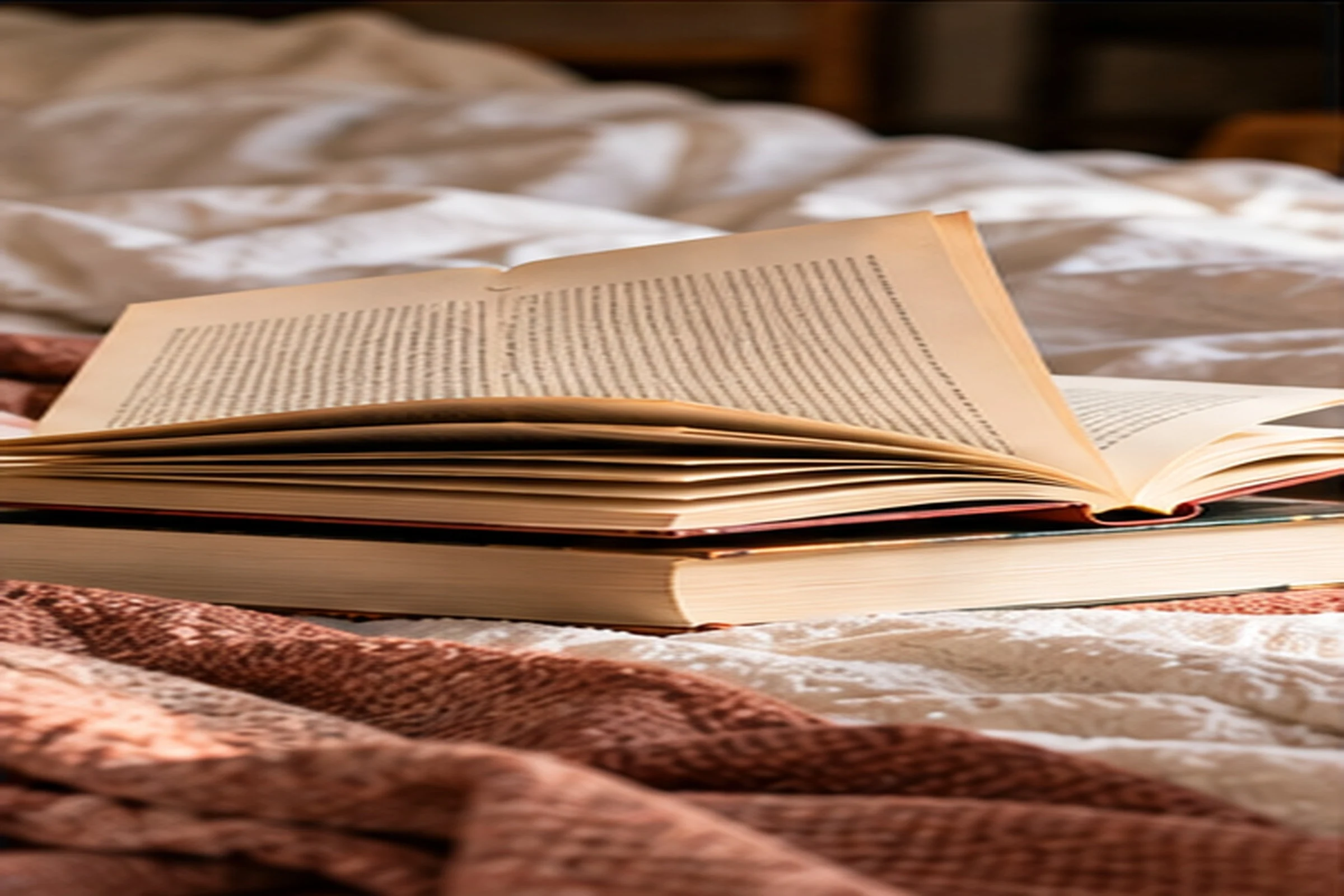 An open hardback book lying on top of another on a rumpled bed, its pages fanned, with a rust-coloured knitted blanket in the foreground.