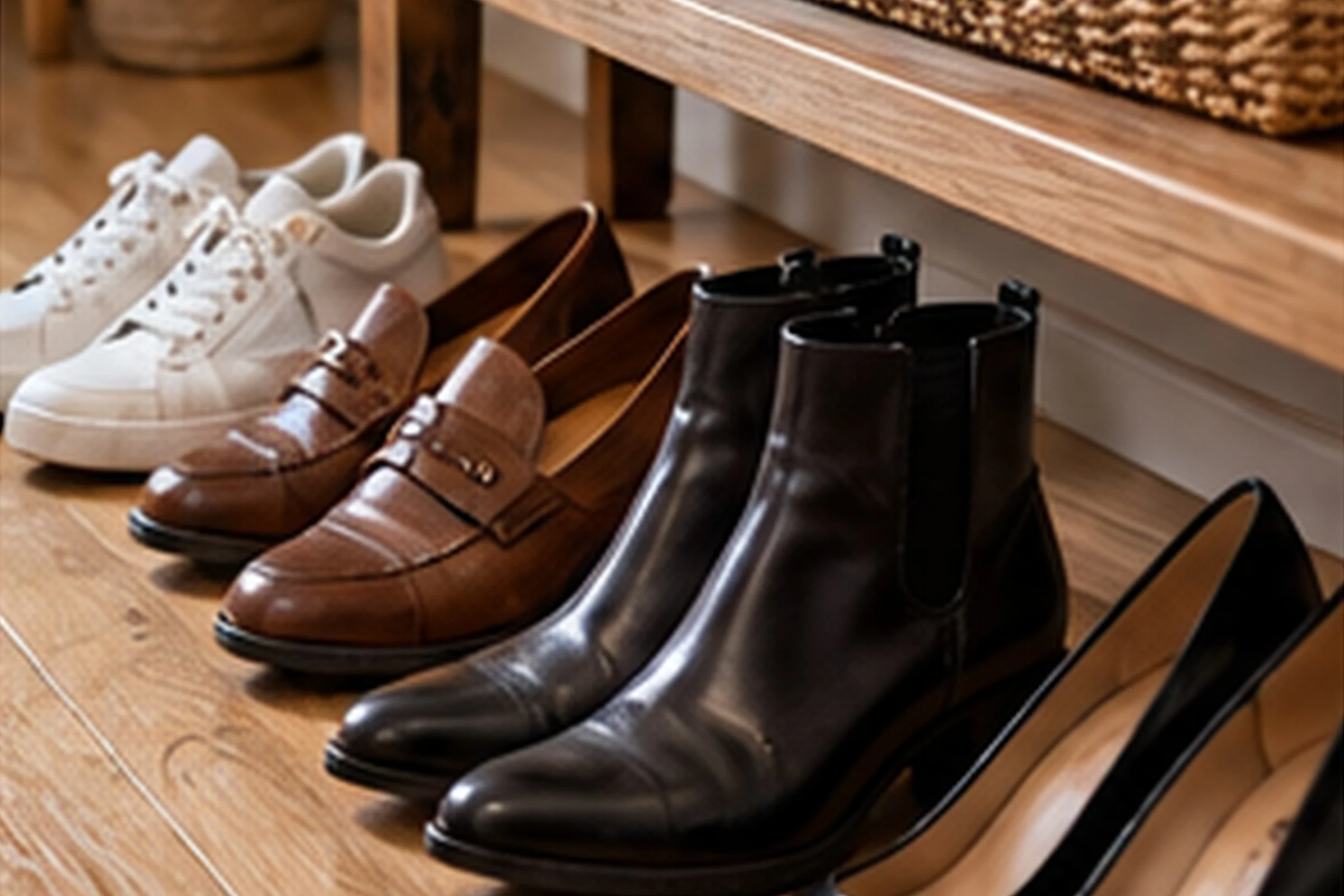 Guests' shoes lined up on a wooden floor beside an oak bench: white trainers, brown loafers, black ankle boots and black heels, with a woven basket on the bench.