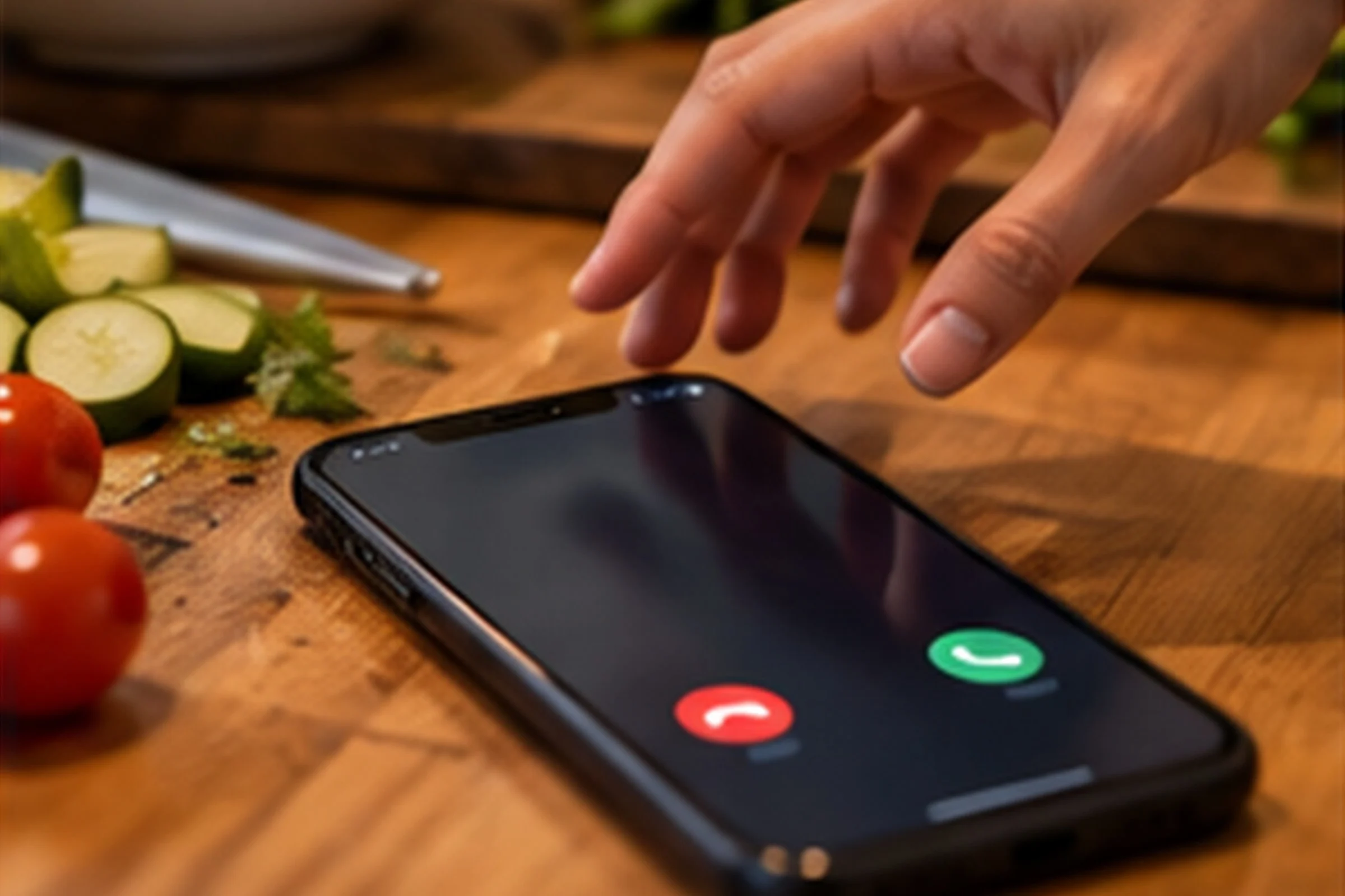 A hand reaching towards a phone ringing face-up on a wooden kitchen table, beside sliced green vegetables, cherry tomatoes and a knife.