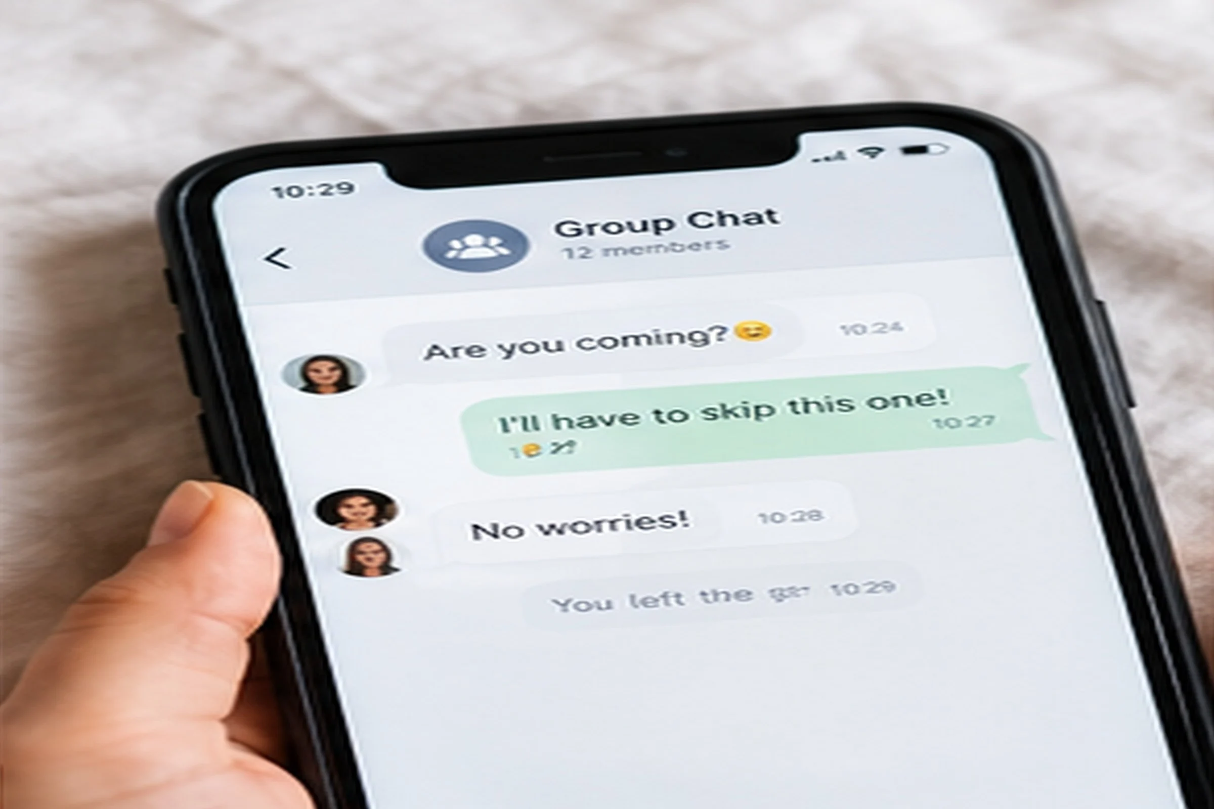 A hand holding a smartphone open on a group chat, with the messages "Are you coming?" and "I'll have to skip this one!" and a note that the user has left.