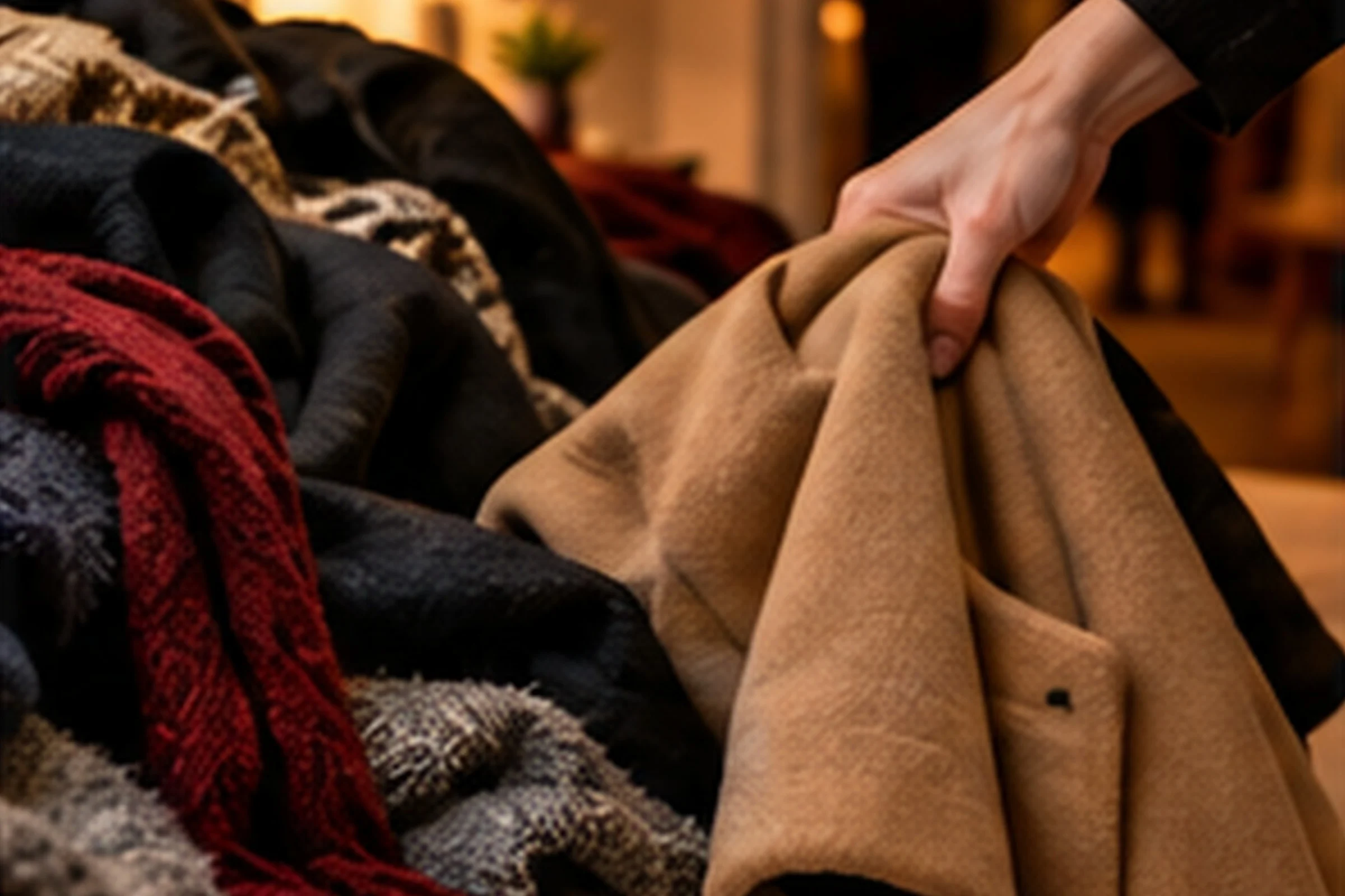A hand lifting a camel wool coat from a pile of guests' coats and scarves in burgundy, black and grey, in the warm light of an evening party.