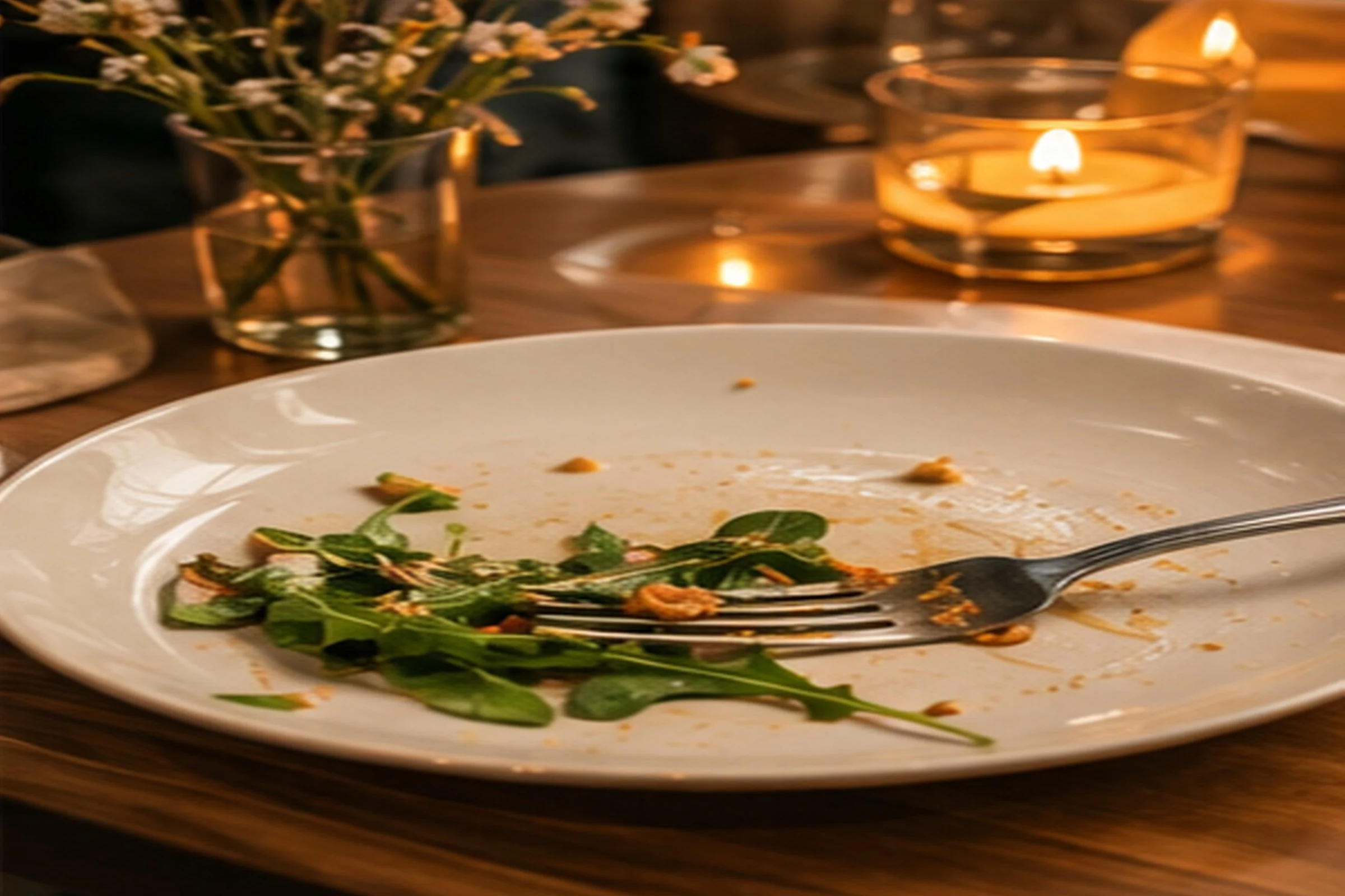 A nearly empty dinner plate with a few salad leaves and crumbs left on it and a fork resting across it, beside lit candles and a small vase of flowers.