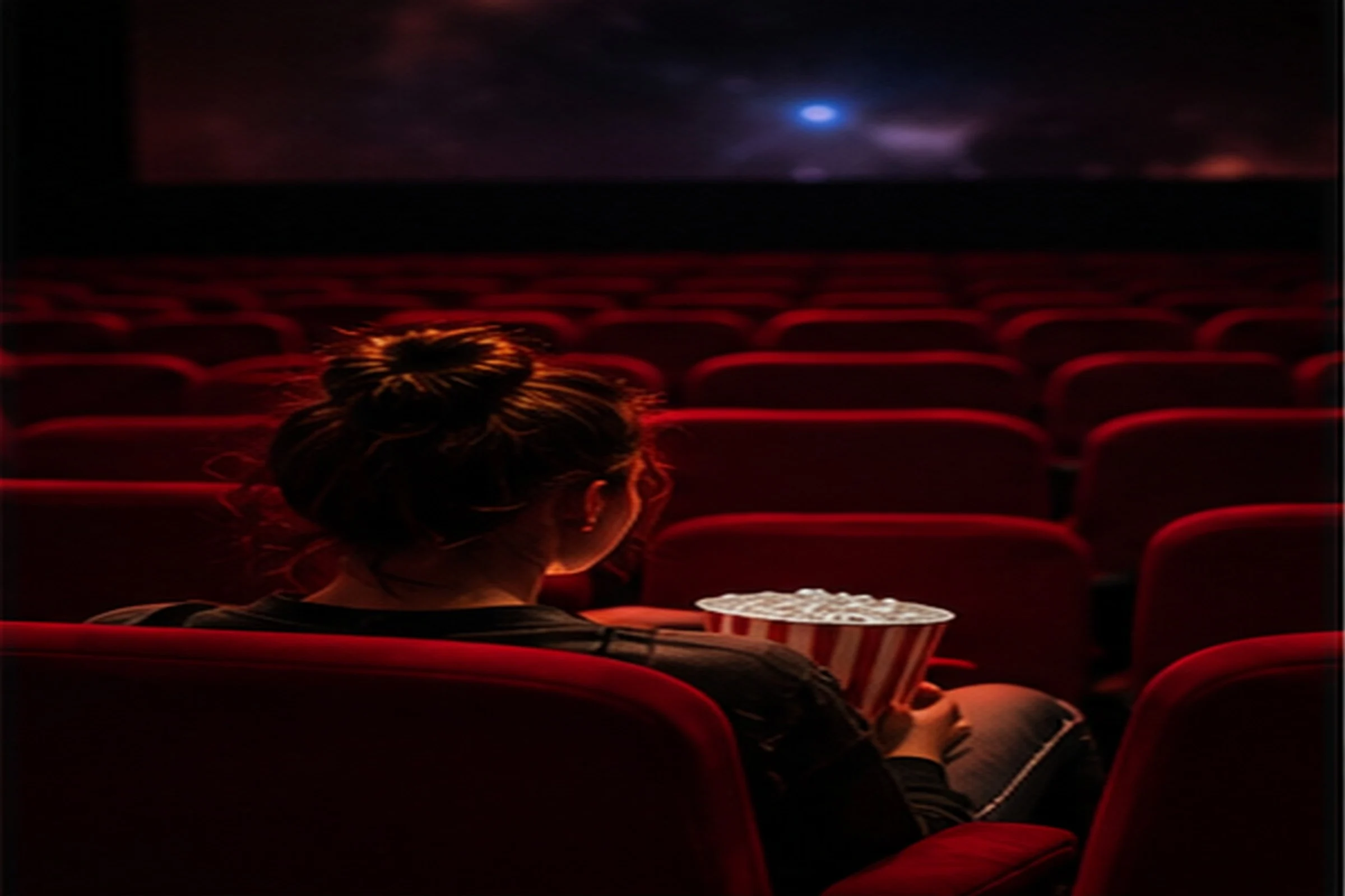 A woman seen from behind, sitting alone with a striped bucket of popcorn among rows of empty red seats in a dark cinema.