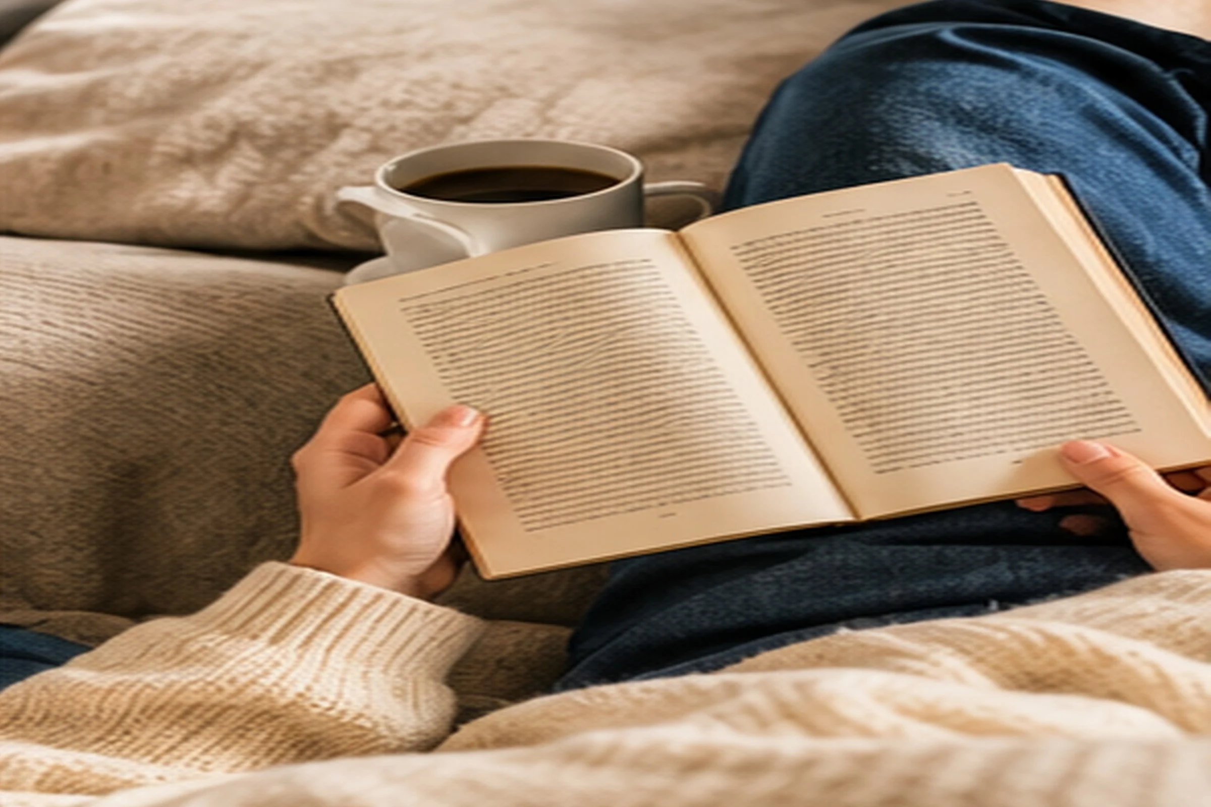 Hands holding an open book over a lap covered by a knitted blanket, with a cup of black coffee resting on the sofa cushion beside it.