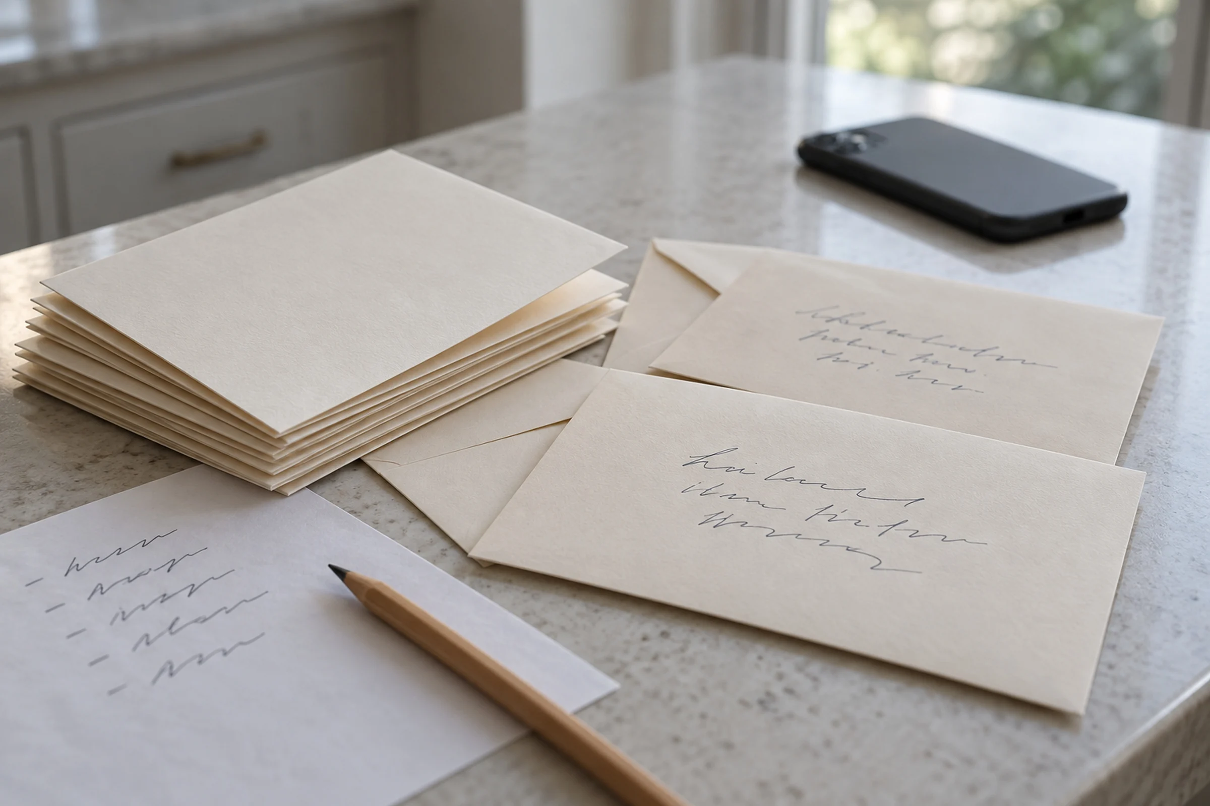 Cream envelopes and blank cards on a kitchen counter, two addressed by hand, beside a pencilled list and a phone lying face down.