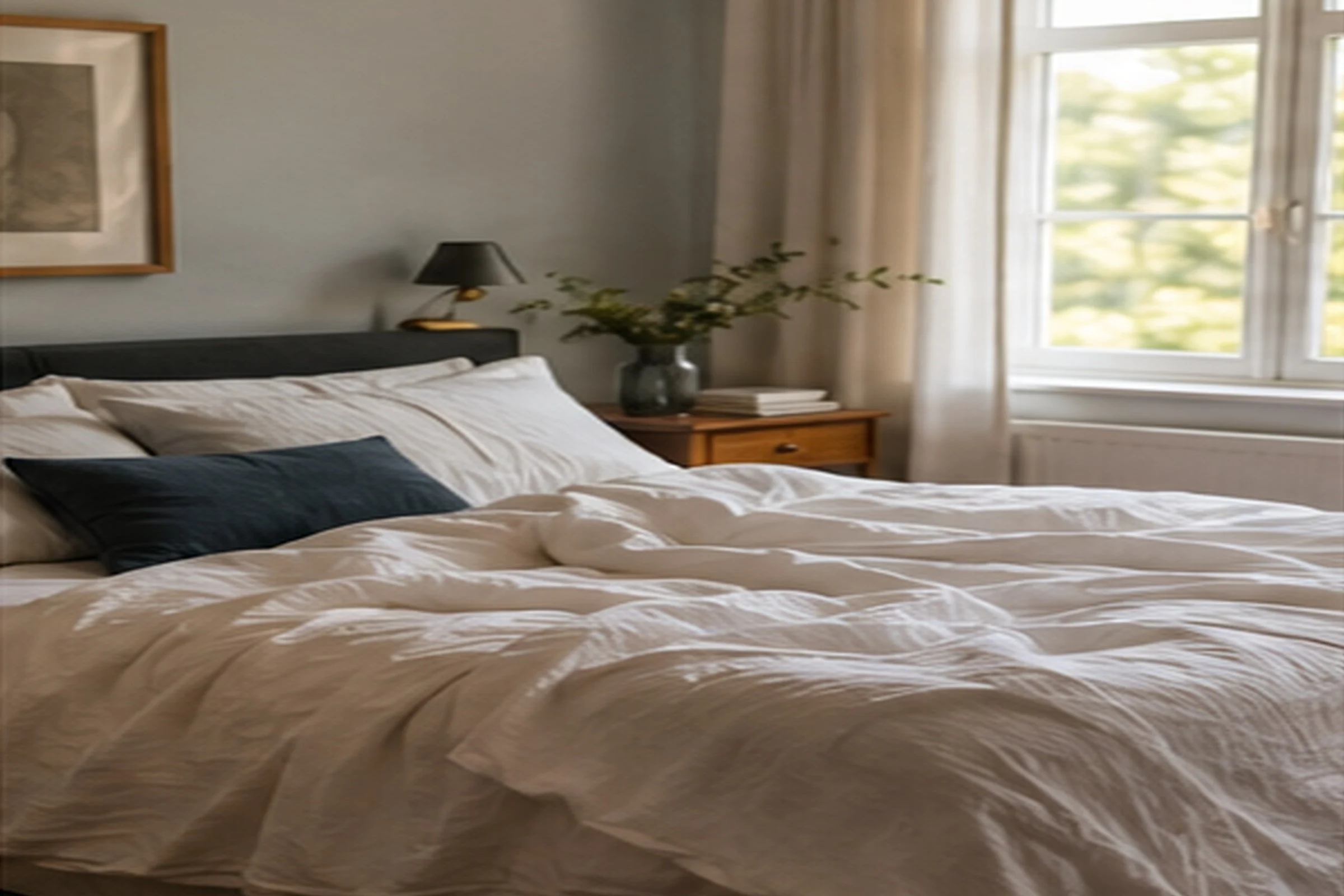 An unmade bed with a rumpled white duvet and a navy cushion, beside a wooden bedside table with a lamp and a vase of greenery, in daylight from a window.