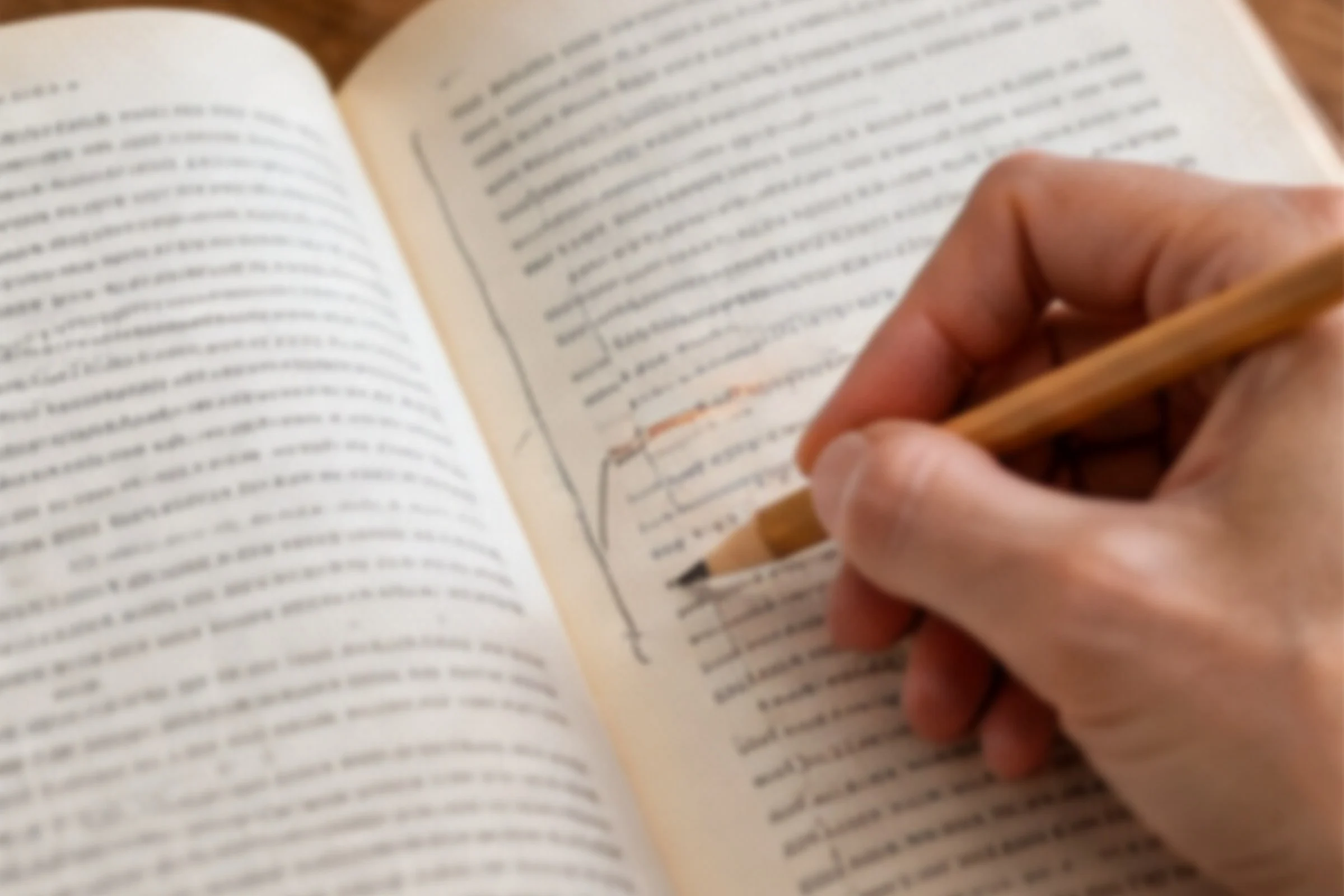 A hand holding a pencil over an open paperback, with a pencilled line running down the margin and a passage bracketed and underlined.