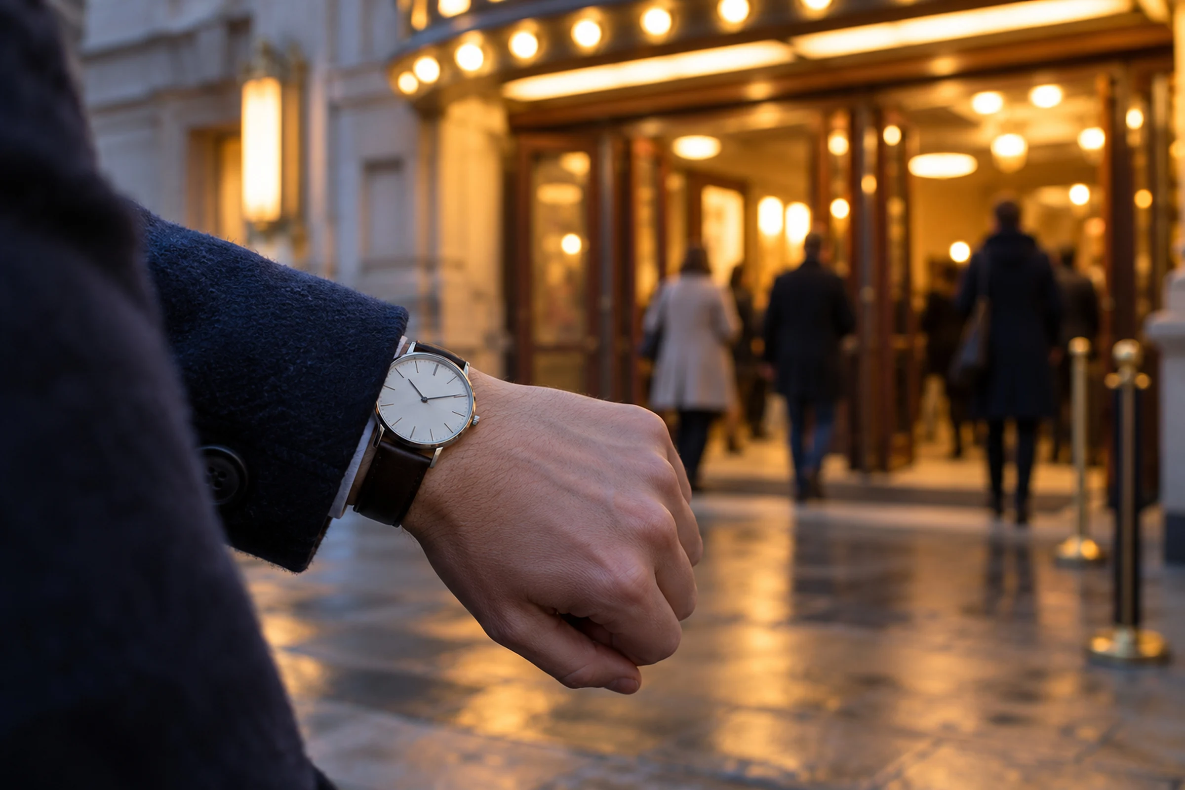 A hand in a navy coat sleeve checking a wristwatch outside a brightly lit theatre entrance, with people going in behind.