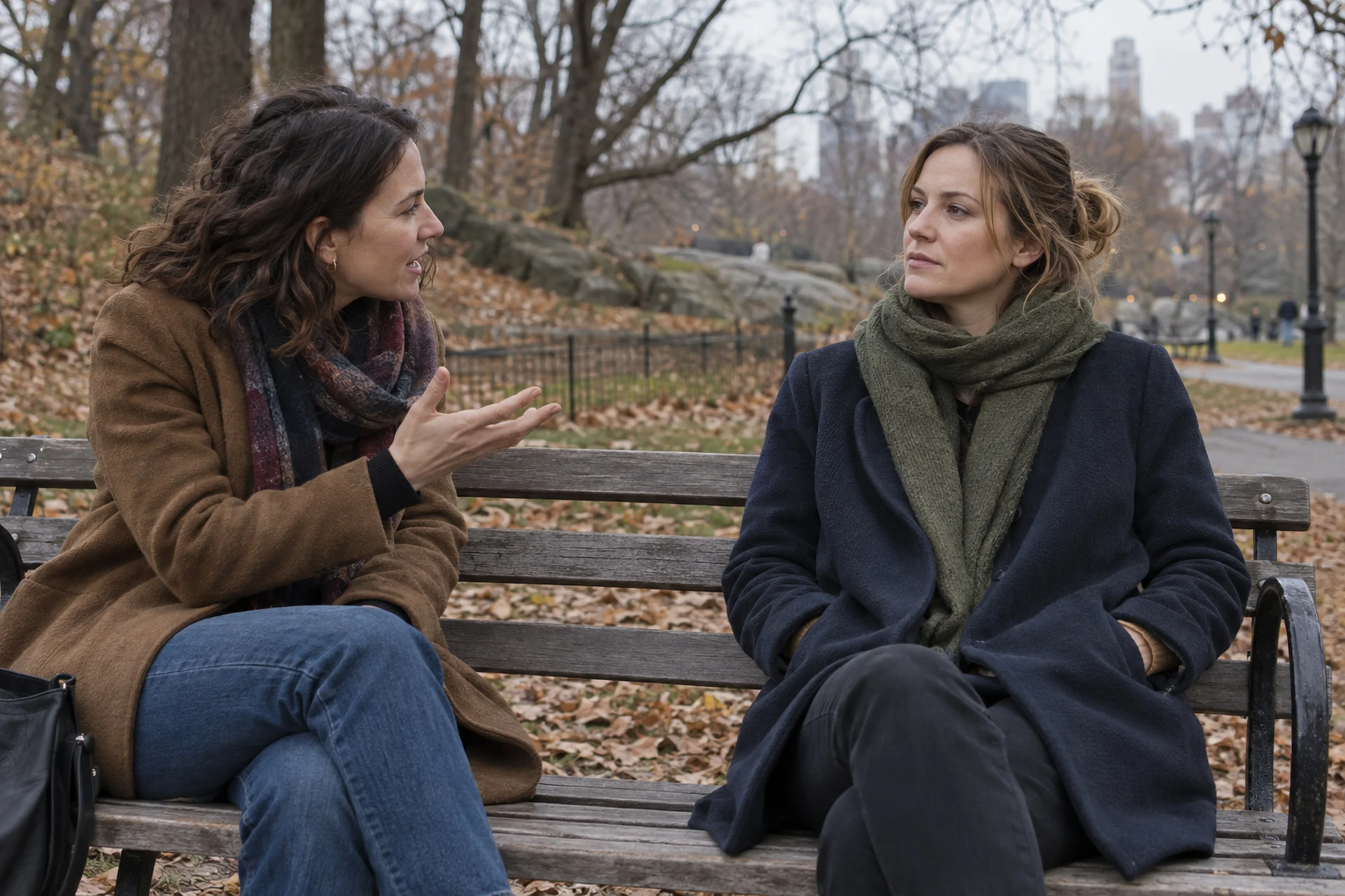 Two women on a park bench in autumn, one talking with her hand raised while the other sits back with her hands in her coat pockets, listening.