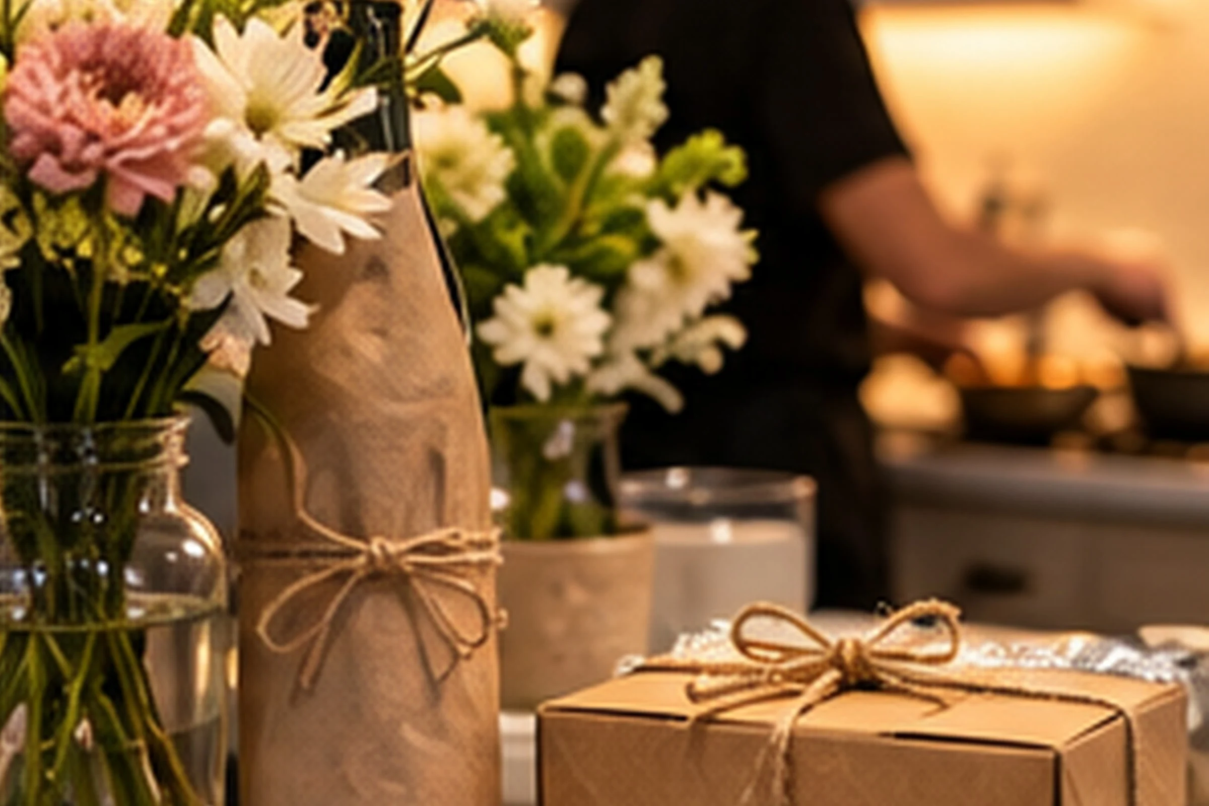 A bottle wrapped in brown paper and twine, a string-tied box and flowers arranged in glass jars on a kitchen counter, with a host cooking at the stove behind.