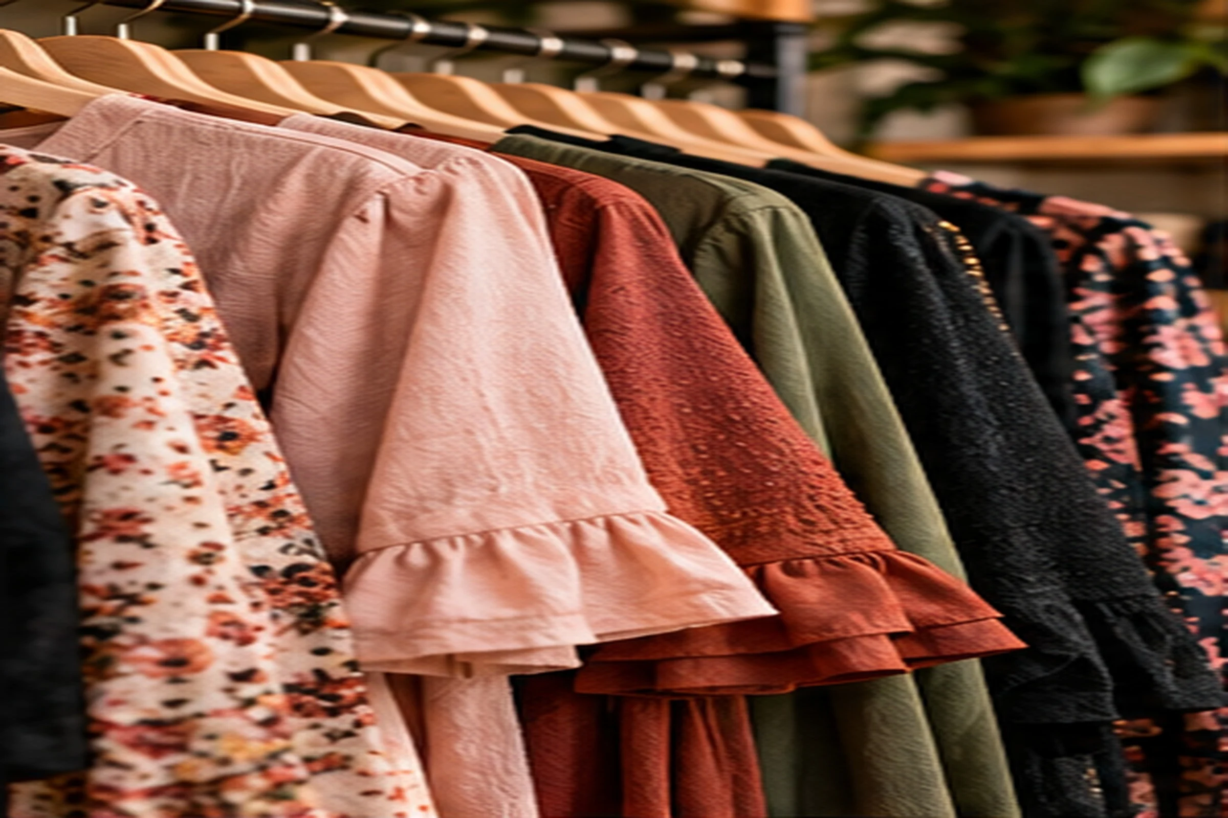 A rail of women's tops and dresses on wooden hangers, in a floral print, blush pink, rust, olive green and black, with soft frilled sleeves.