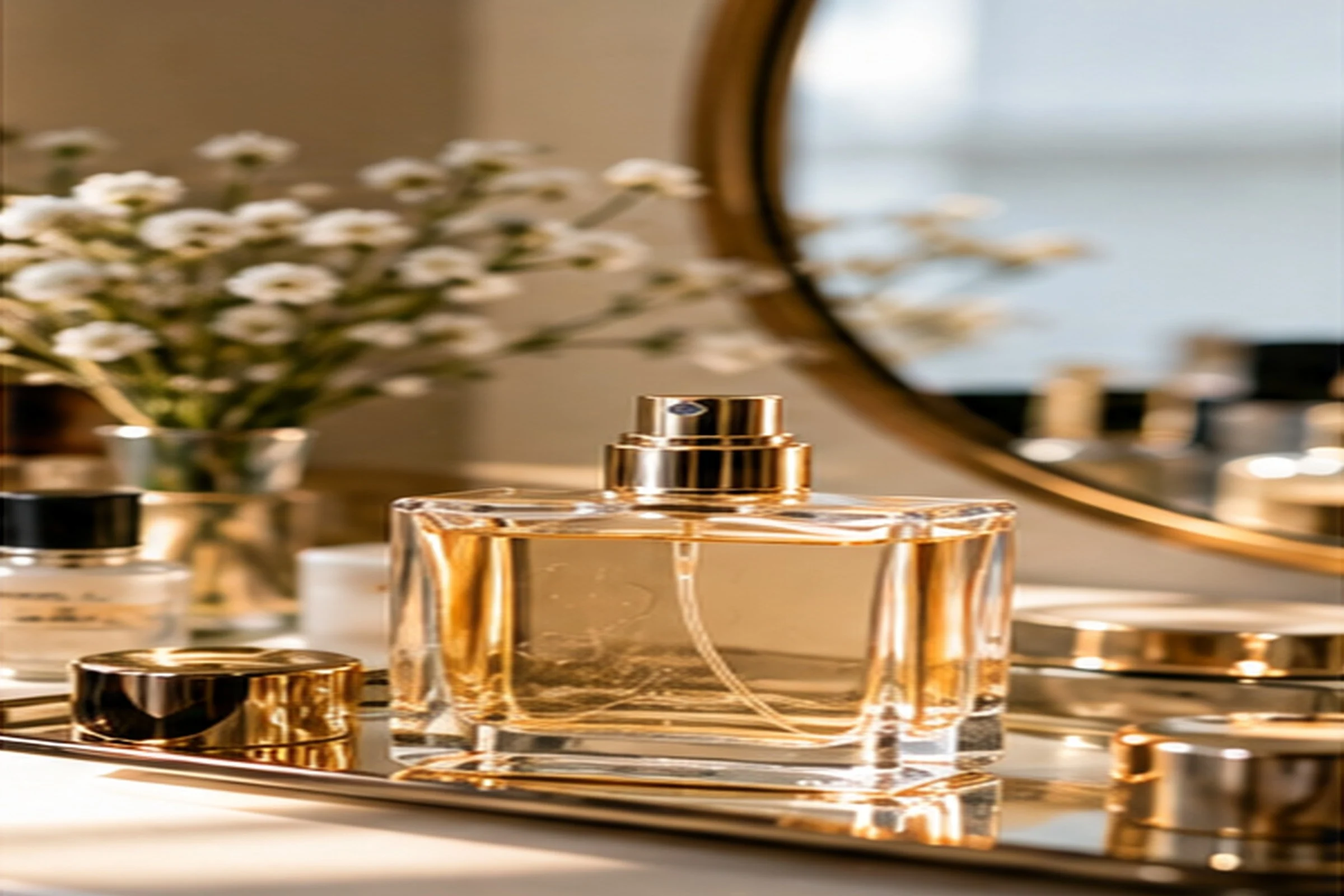 A clear rectangular perfume bottle with a gold cap on a mirrored tray, beside a vase of small white flowers and a round gold-framed mirror, in warm light.