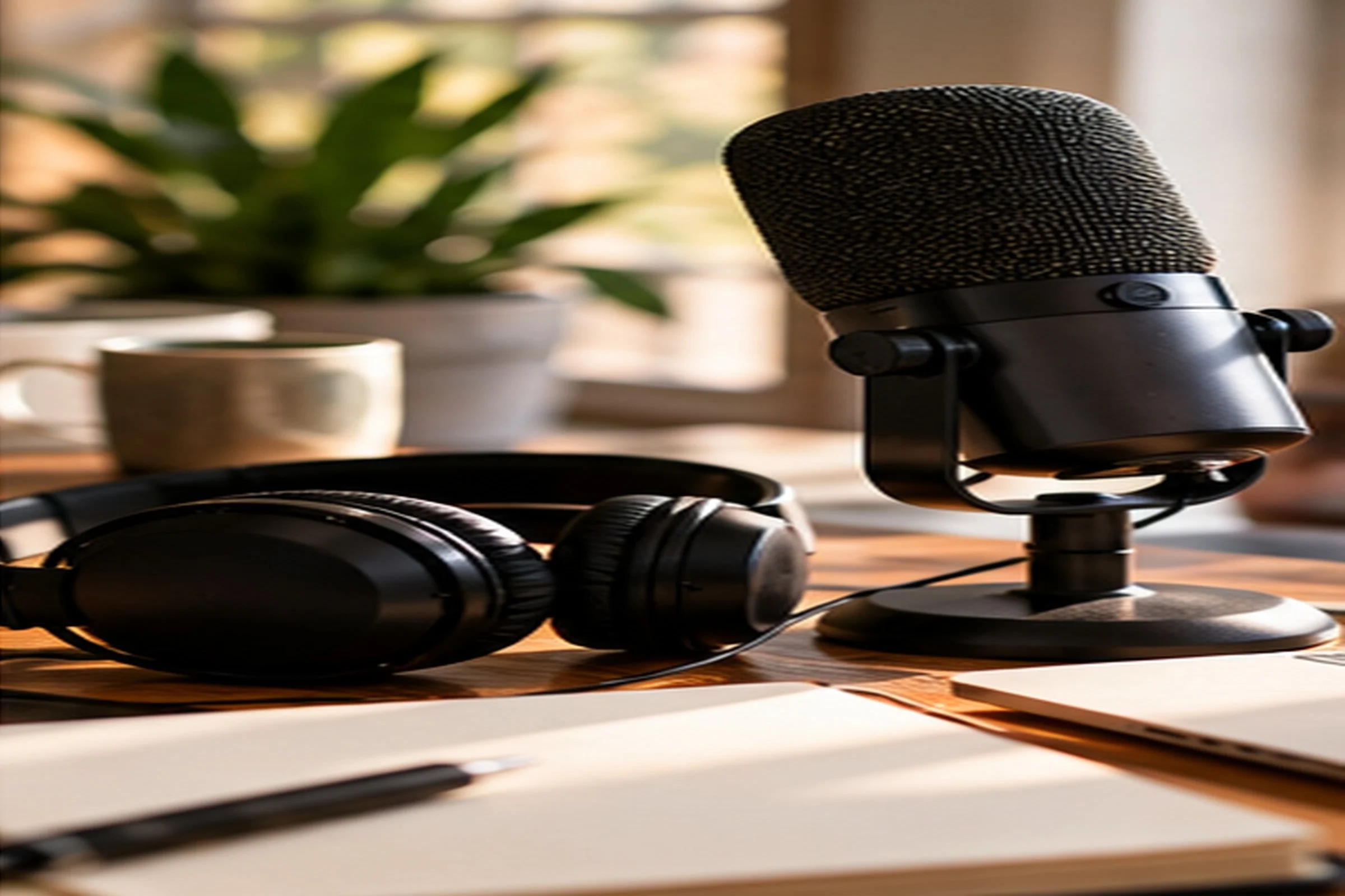 A black desk microphone on a stand beside a pair of over-ear headphones and an open notebook with a pen, on a wooden desk in warm daylight.