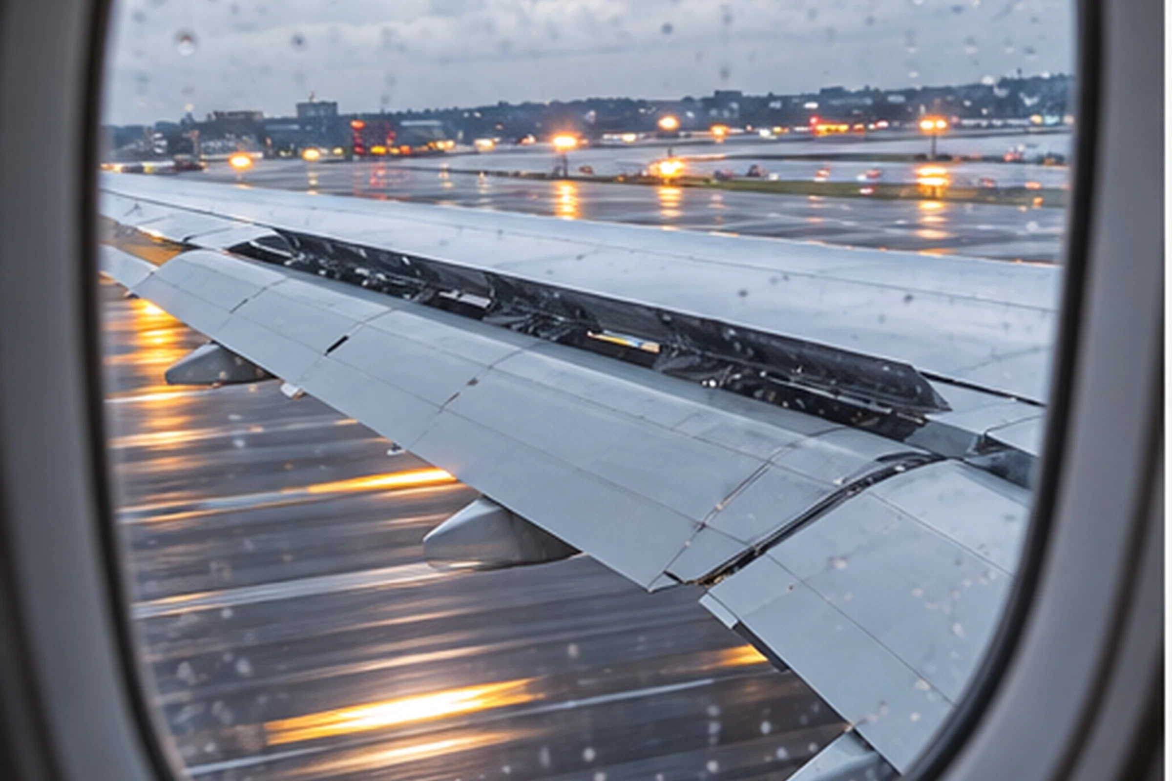 The view through an aircraft window after touchdown, with the wing's panels raised and a wet runway and its lights streaking past in the rain.