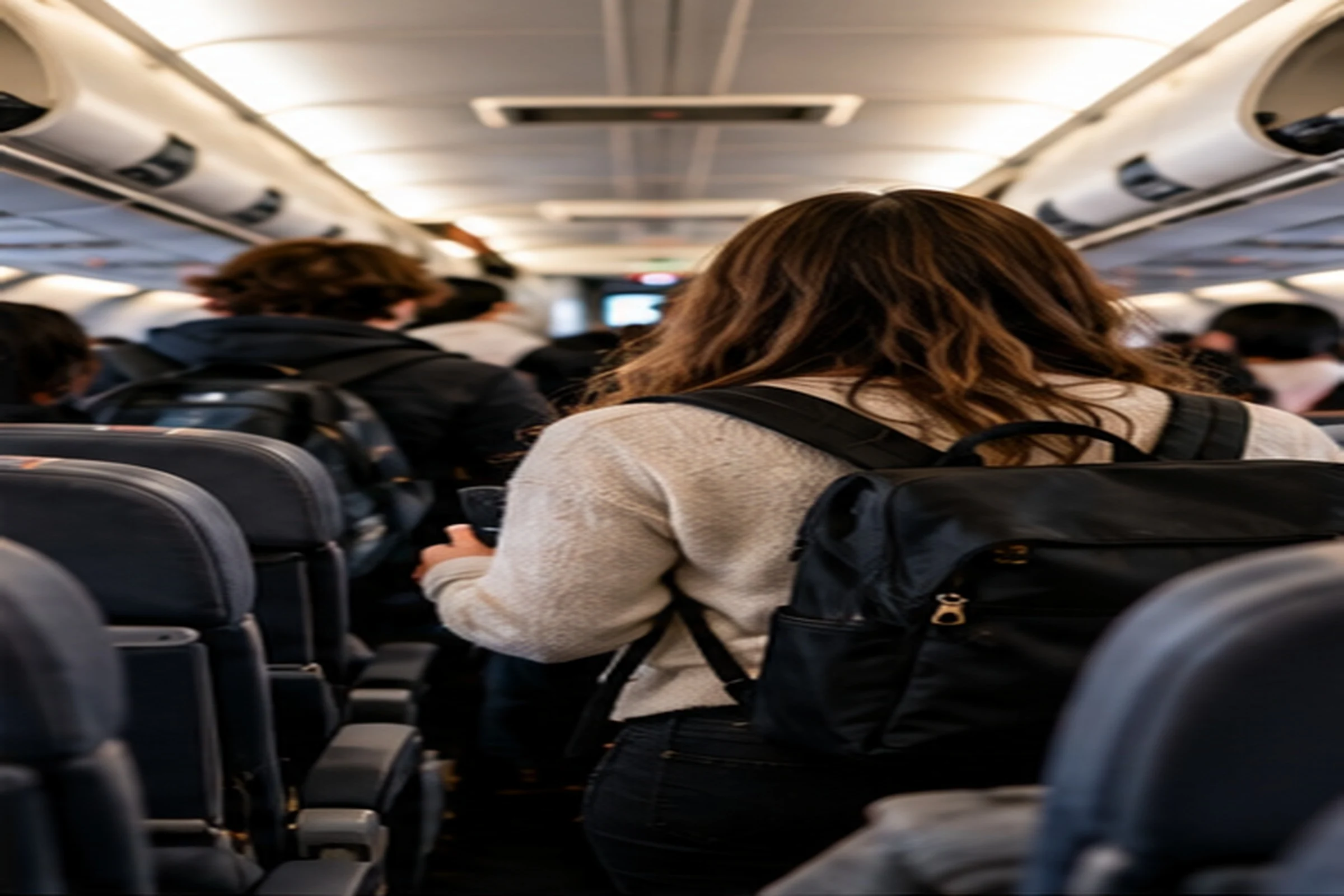 Passengers standing in the aisle of an aircraft cabin after landing, seen from behind, with a woman in a cream sweater and a black backpack in the foreground.