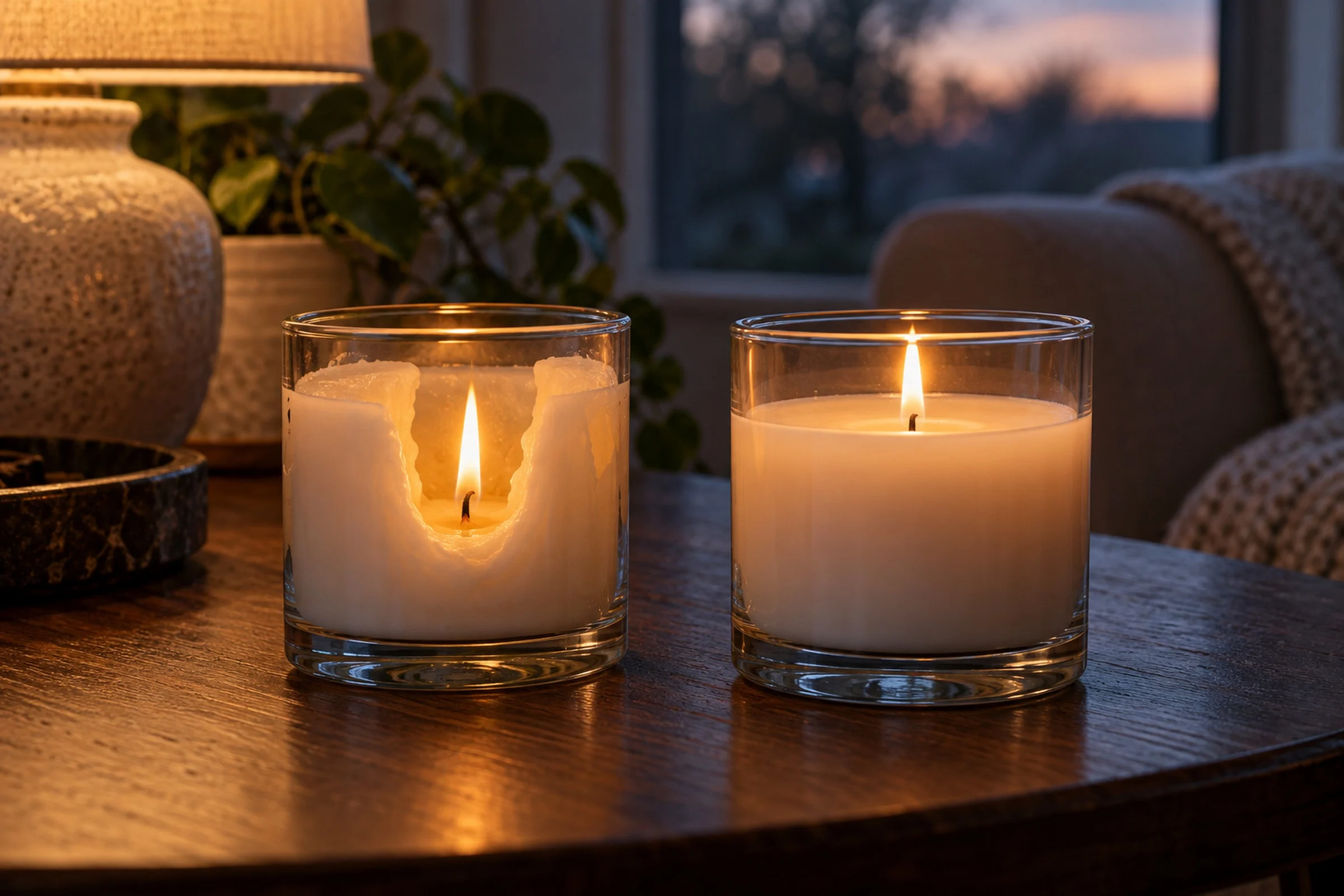 Two lit candles in clear glass jars on a dark wooden table at dusk: the one on the left has burned a deep tunnel down its centre, leaving high walls of unmelted wax, while the one on the right has an even pool of melted wax.